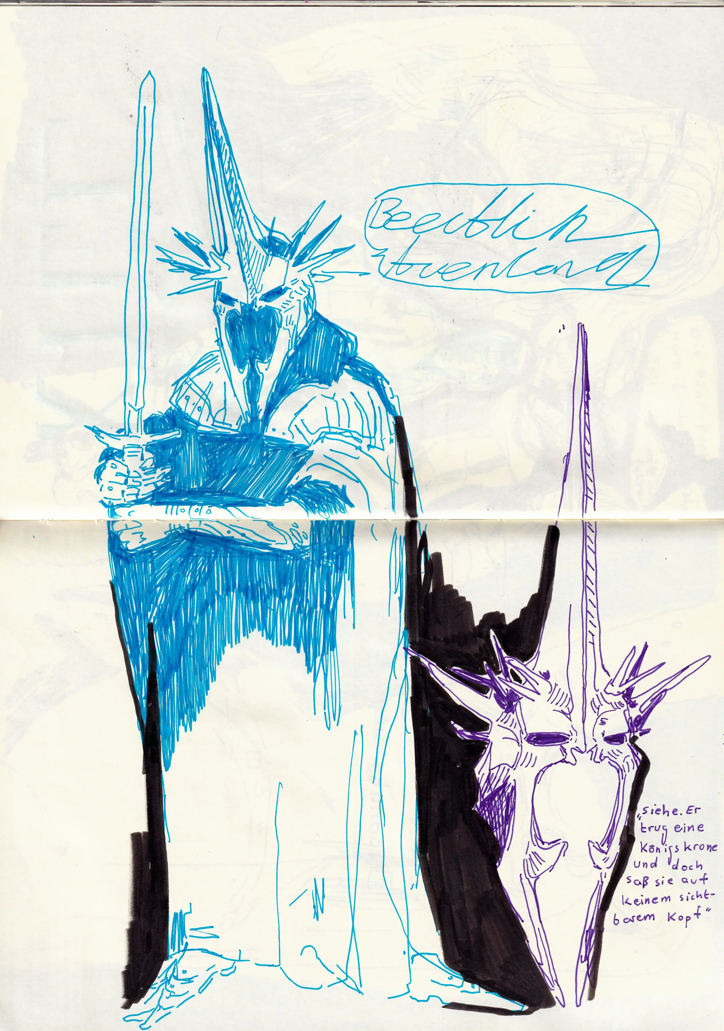 Skizze eines königlichen Wächters in Rüstung mit Helm, der ein Buch hält, und ein großes, maskiertes Wappentier, vermutlich eine dramatische Kreatur, mit Text in Deutsch, der auf dem Bild geschrieben ist.