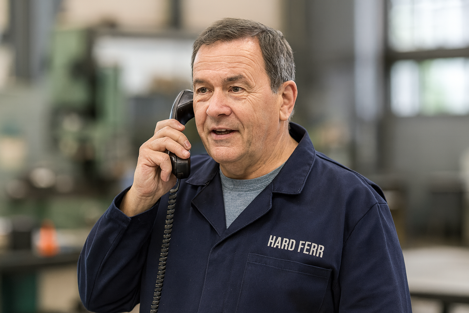 A middle-aged man with short brown hair talking on a landline phone in a workshop setting, wearing a navy blue uniform with 'HARD FERR' embroidered on it.