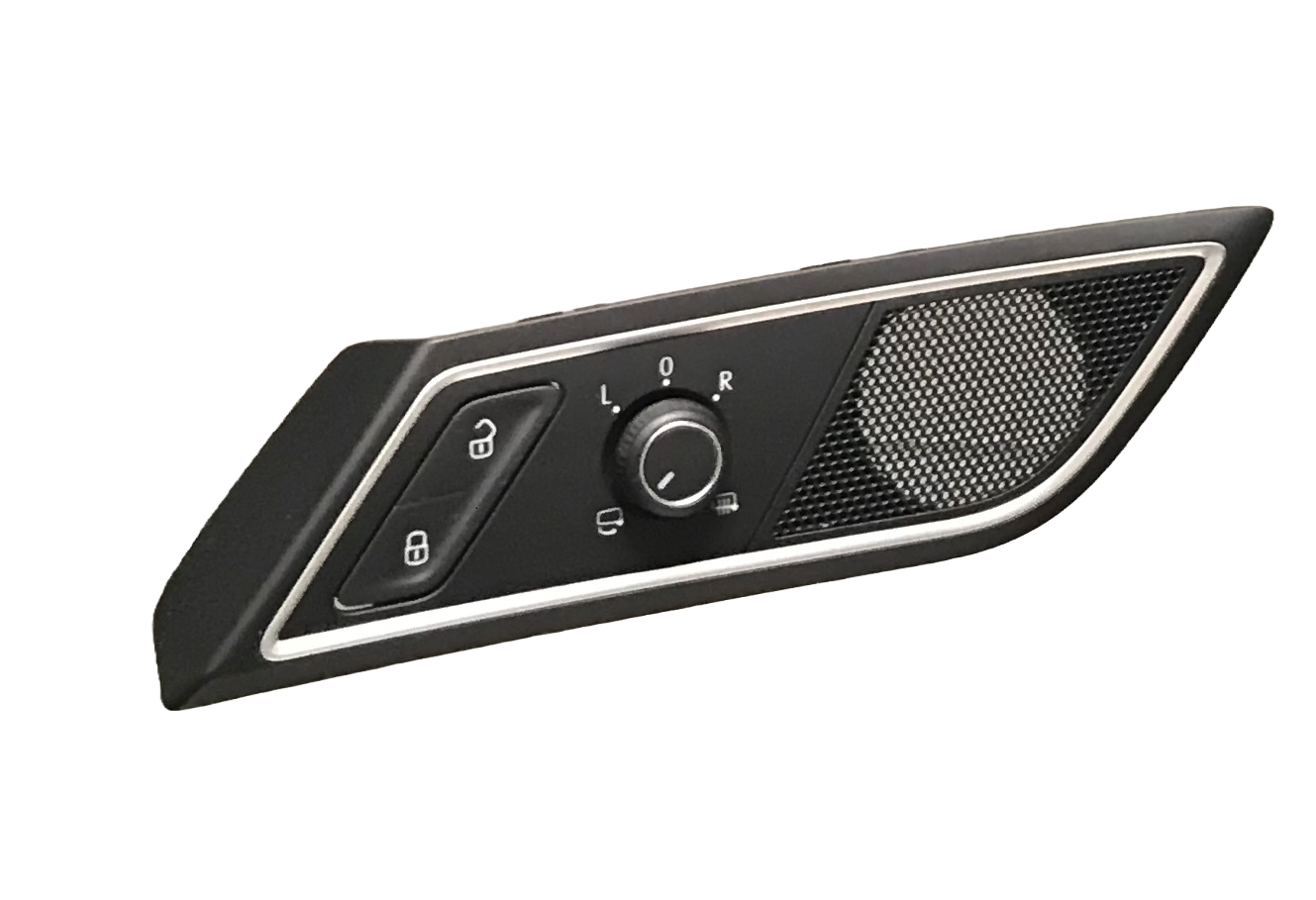 Car interior overhead console with mirror, lights, and control switches.