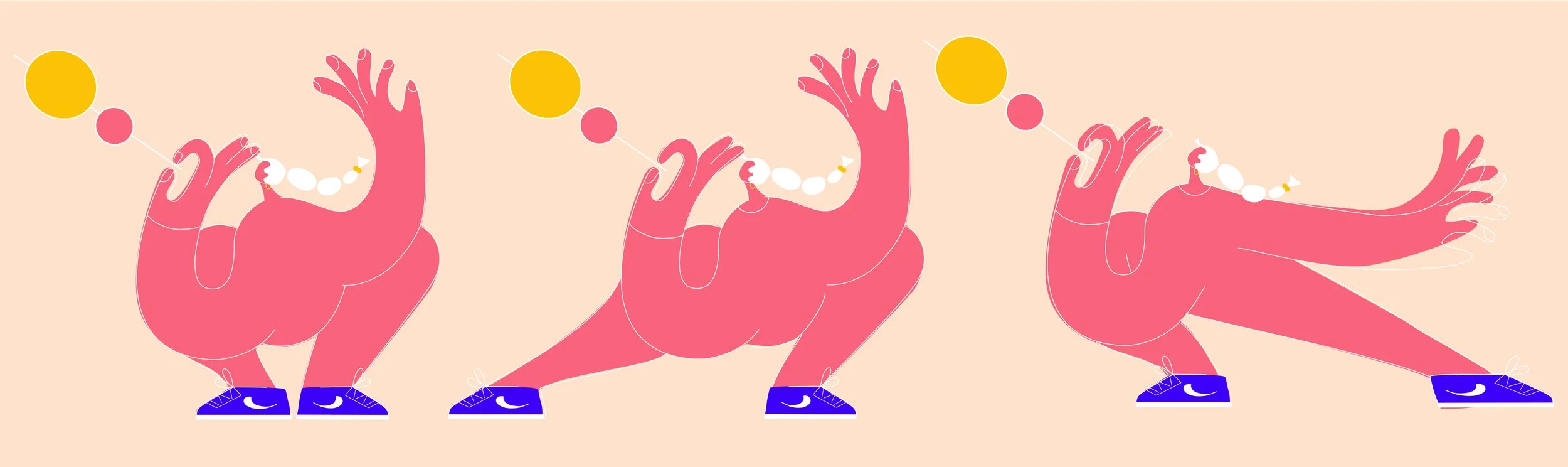 Illustration einer Figur beim Yoga in verschiedenen Posen, angezogen mit Sportbekleidung und Turnschuhen, auf neutralem Hintergrund.