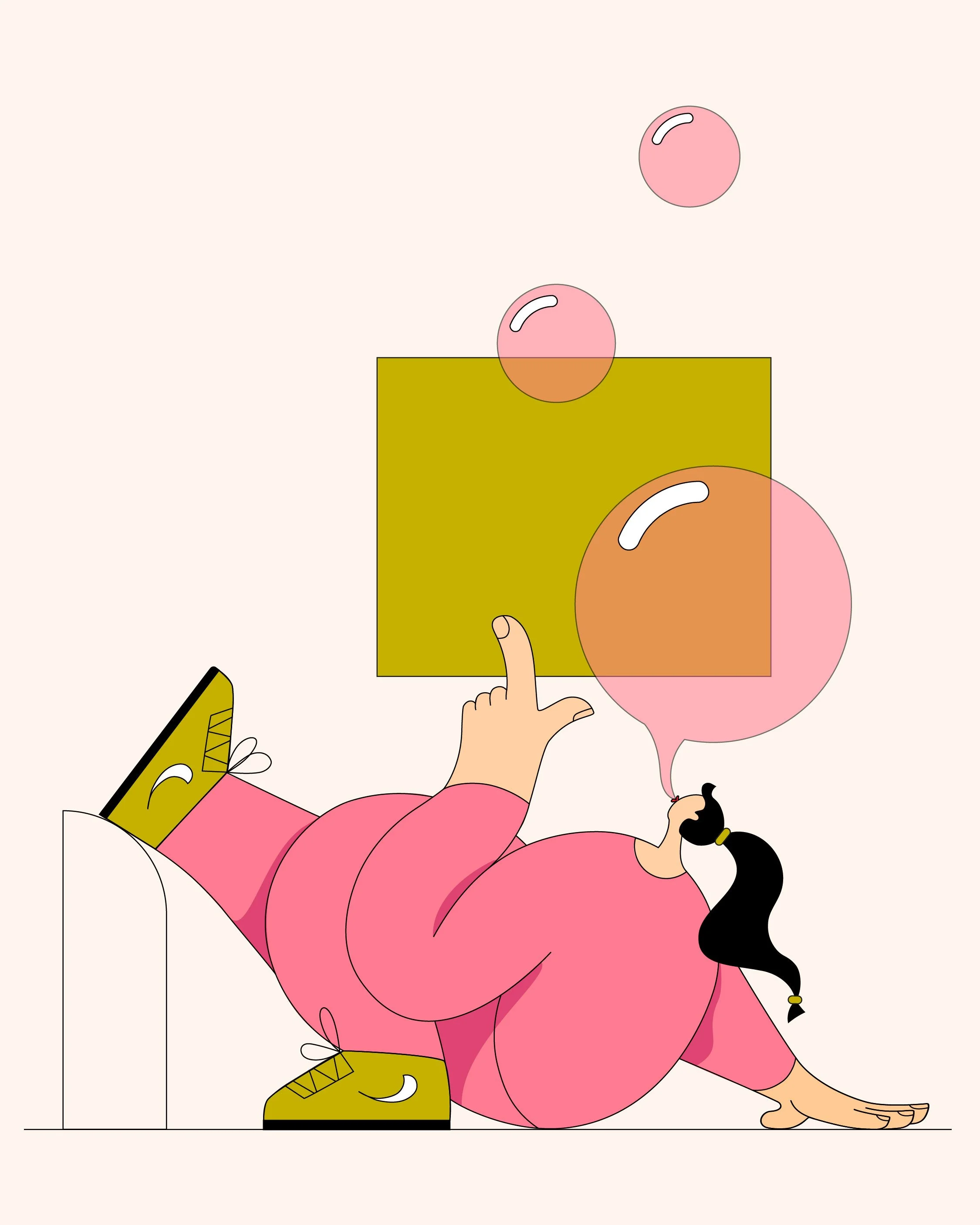 Eine abstrakte Illustration einer liegenden Frau mit schwarzen Haaren, pinkter Kleidung und grünen Schuhen. Sie bläst einen pinken Kaugummi auf und zeigt mit dem Zeigefinger nach oben.
