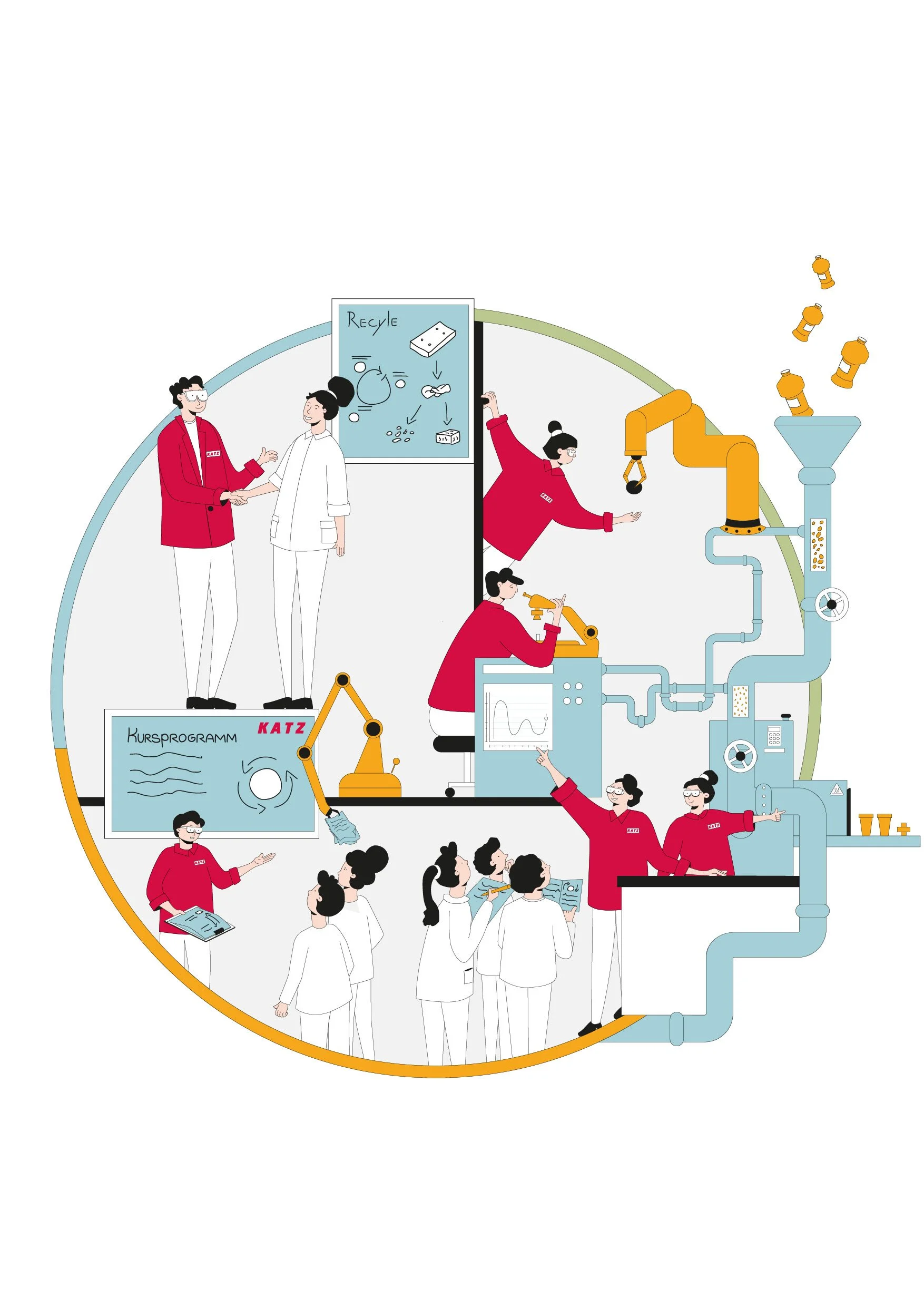 Illustration einer wissenschaftlichen Anlage mit Forschern, Maschinen und Experimenten, um den Recyclingprozess zu zeigen, mit einem Kursprogramm, das im Vordergrund steht.
