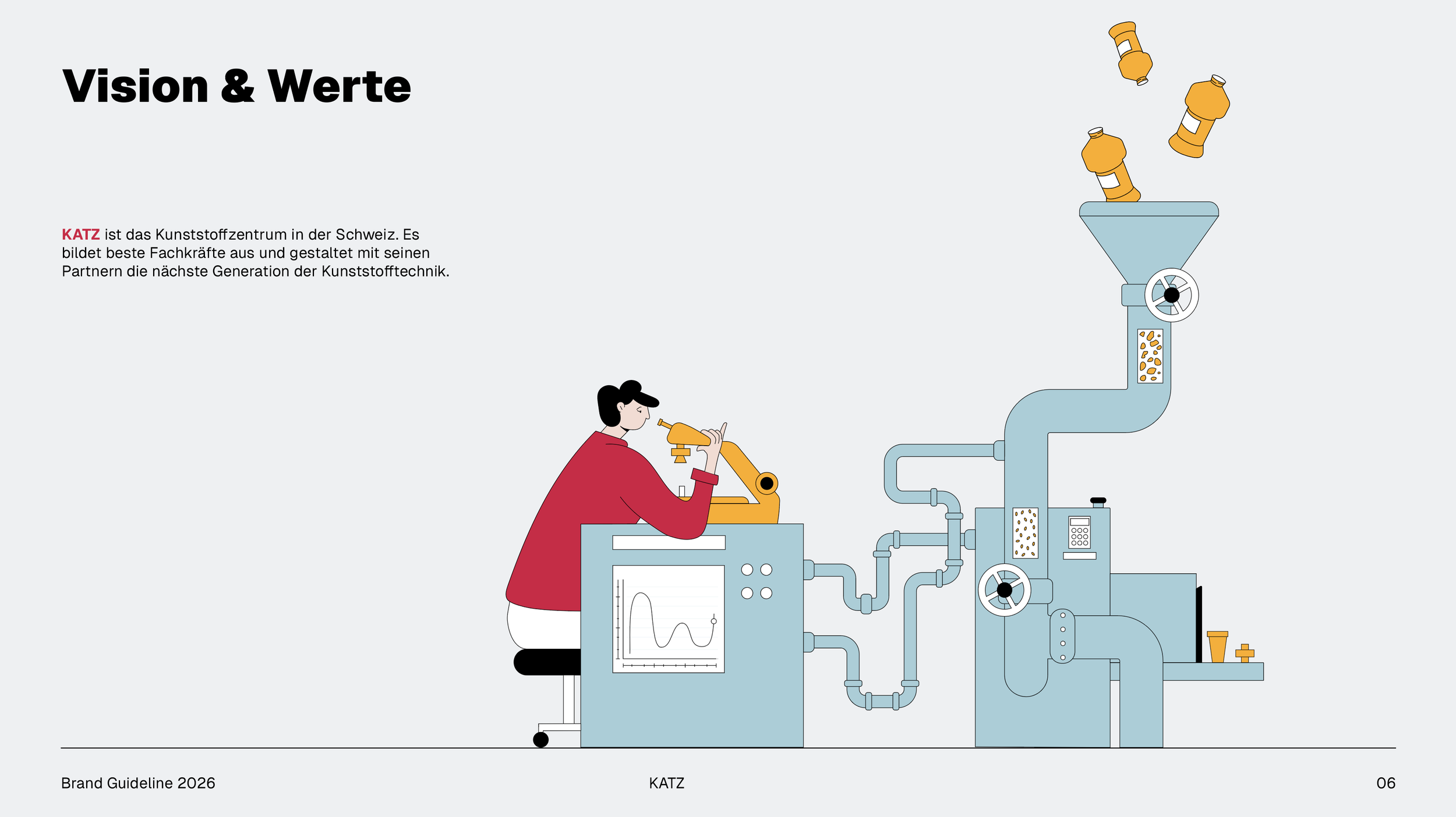 Illustration eines KATZ Mitarbeiters, der durch ein Mikroskop schaut, neben einer komplexen Kunststoffmaschine, die für die Weiterverarbeitung von Rohstoffen verantwortlich ist.