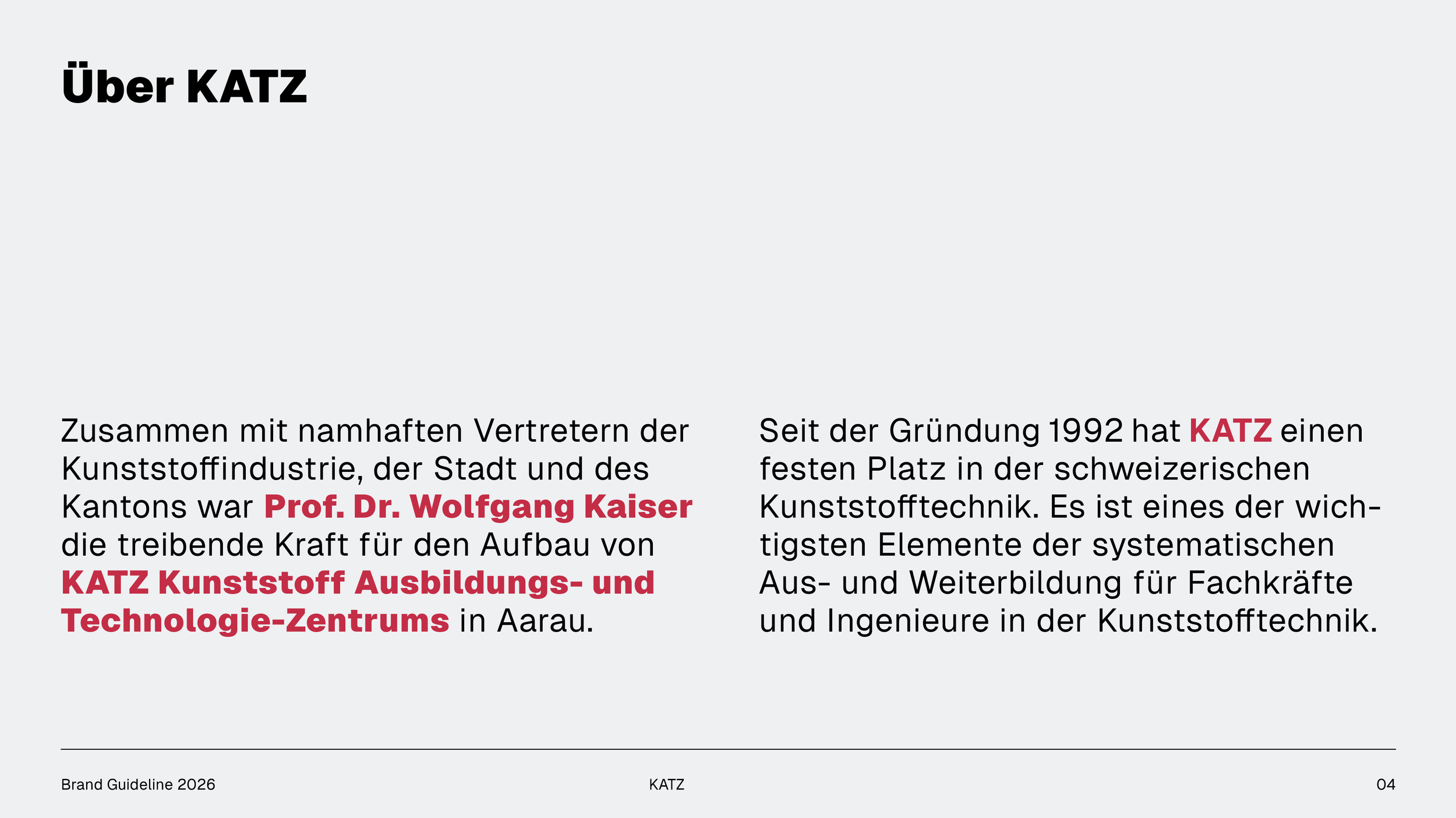 Das Bild zeigt einen Ausschnitt des Branding Styleguides mit einem Text über die Firma KATZ, die in der Kunststoffbranche tätig ist.