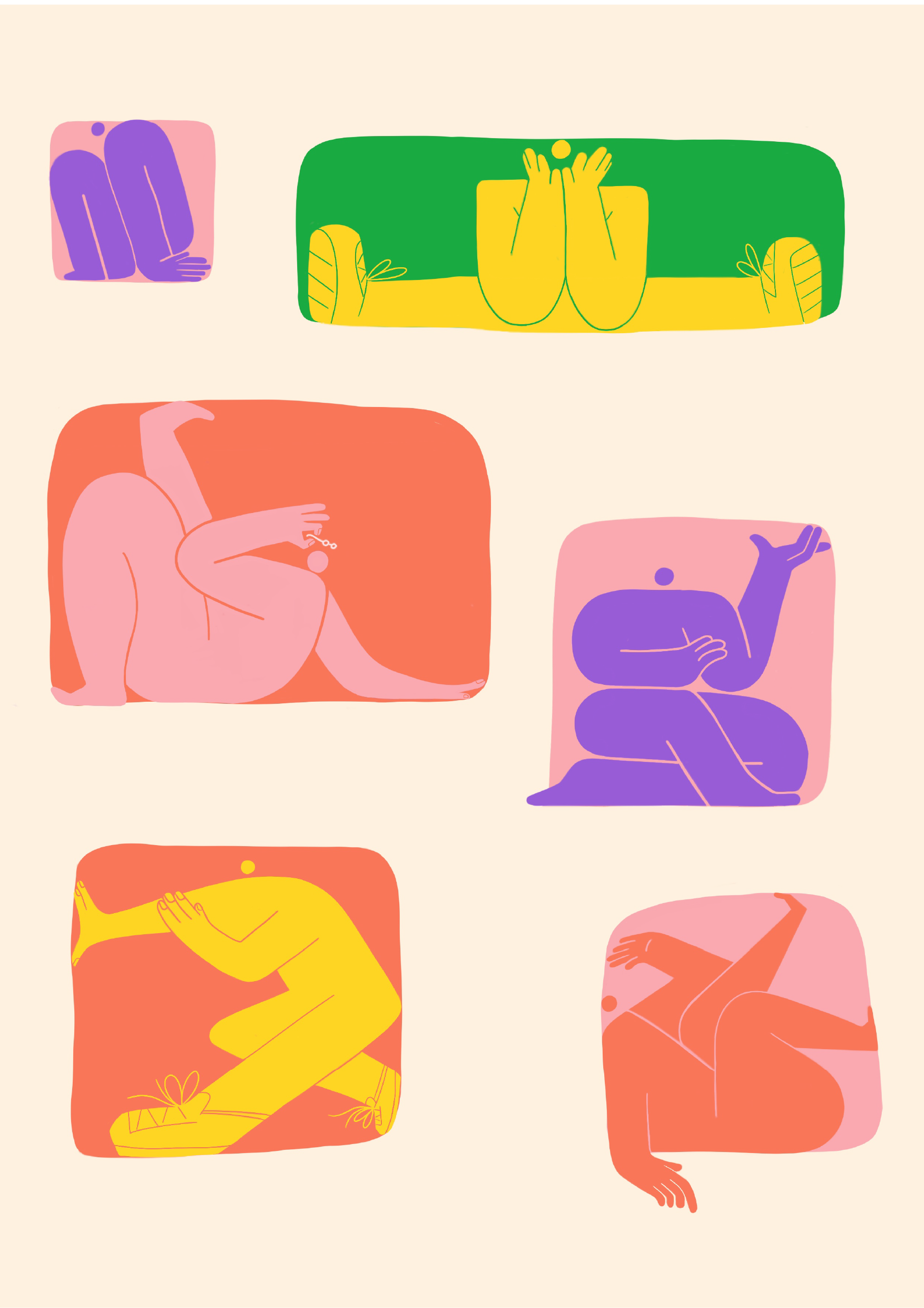 Illustration verschiedener menschlicher Körper in bunten, minimalistischen Designs, die in verschieden Positionen und Farben dargestellt sind.