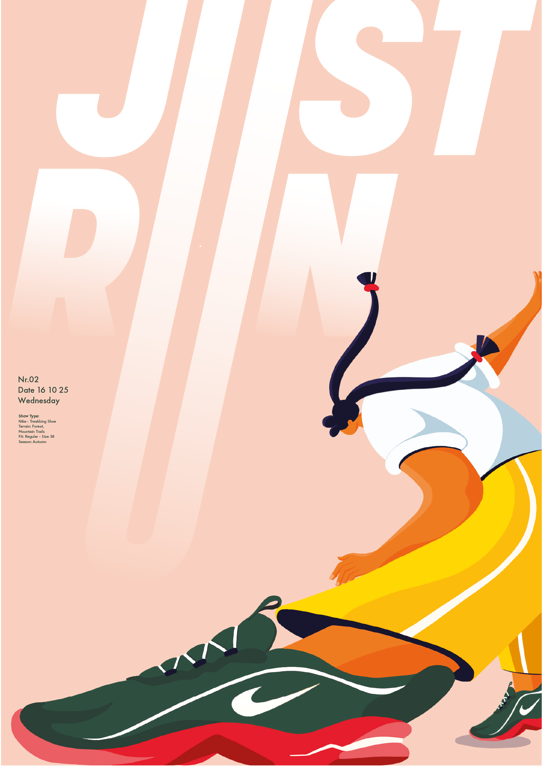 Illustration eines Menschen, der dynamisch dasteht und ein weißes T-shirt trägt, eine gelbe Hose und sportliche grüne Schuhe anhat. Auf dem Plakt steht oben groß 'just run'.