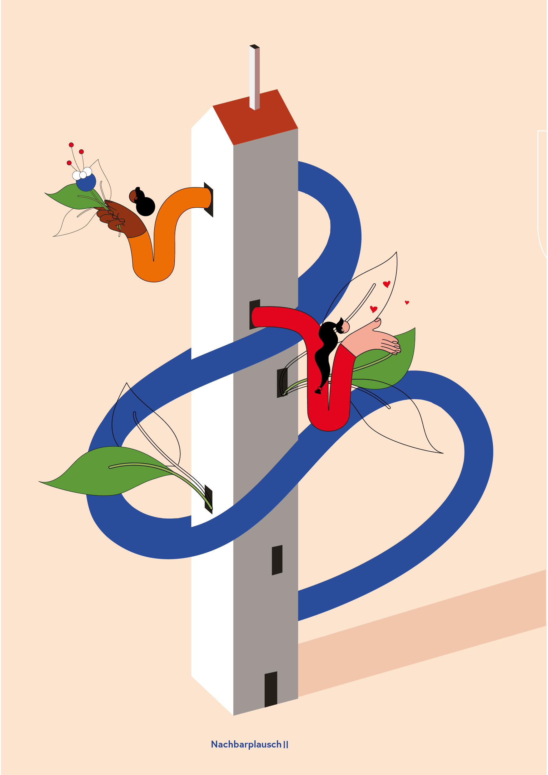 Illustration eines hohen Hauses mit Menschen und Pflanzen, mit einem Titel 'Nachbarplausch II' am unteren Rand.