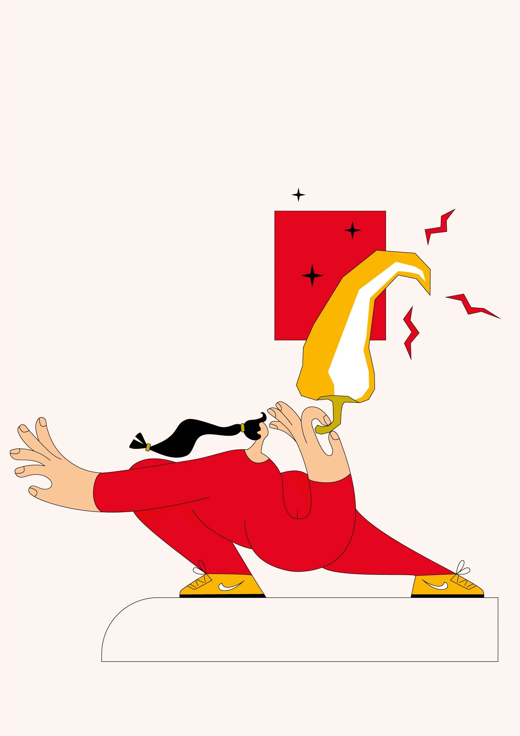 Eine vektor Illustrierte Person, die in einer halb sitzenden Pose dargestellt ist. Sie hält in einer Hand eine grosse Chili und mit der anderen Hand balanciert sie das Gewicht aus. Sie trägt komplett Rot und die Chili ist Gelb. 