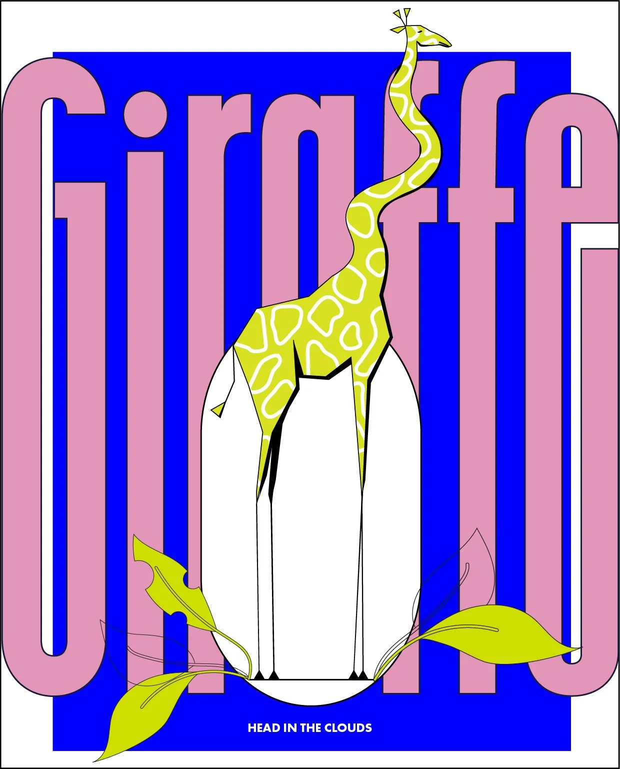 Grafik mit Giraffe, pinken Buchstaben im Hintergrund und dem Text 'Head in the Clouds' am unteren Rand.