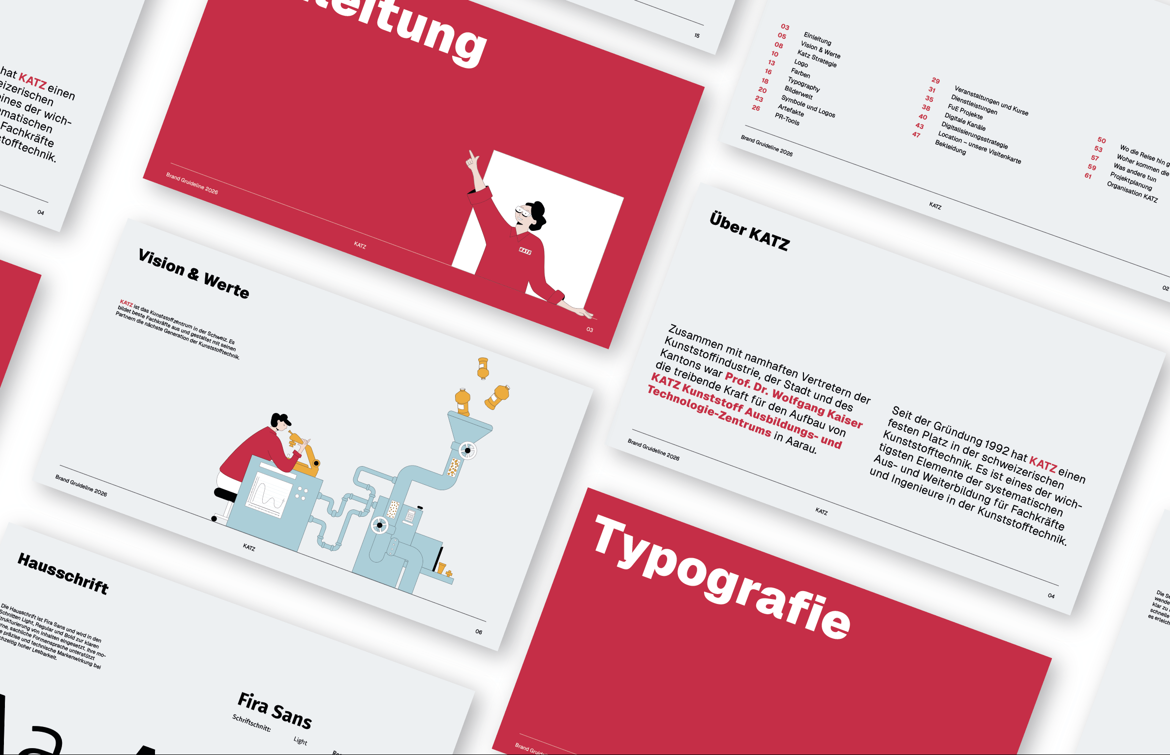 Mehrer Seiten von dem Branding Styleguide von KATZ als Überschriftsbanner. .