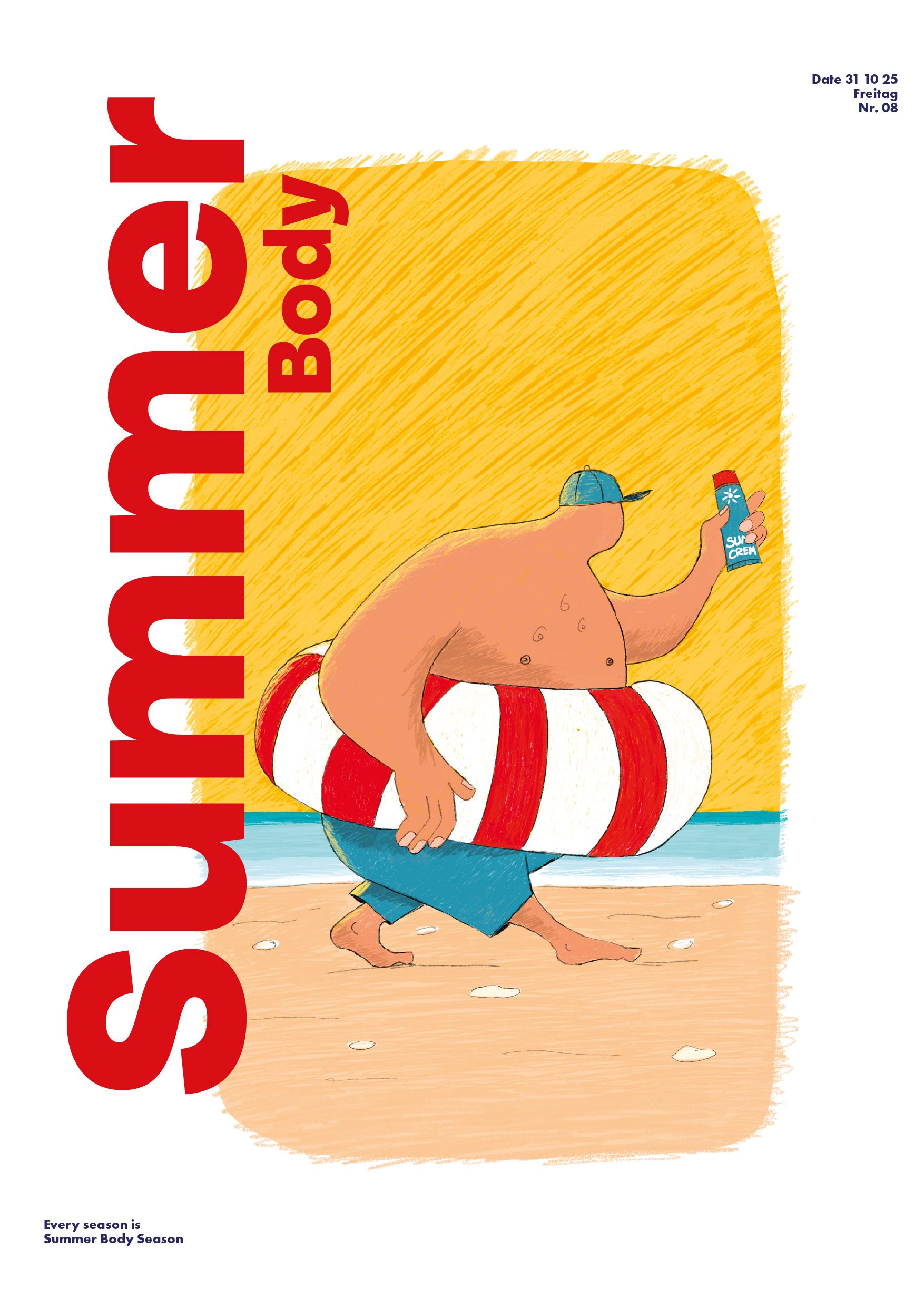 Ein gezeichneter Mensch mit Sonnenhut, Schwimmring und einer blauen Badehose. Er hat eine Tube Sonnencreme in der Hand und läuft am Strand. Seitlich steht auf dem Plakat 'Summer body'.
