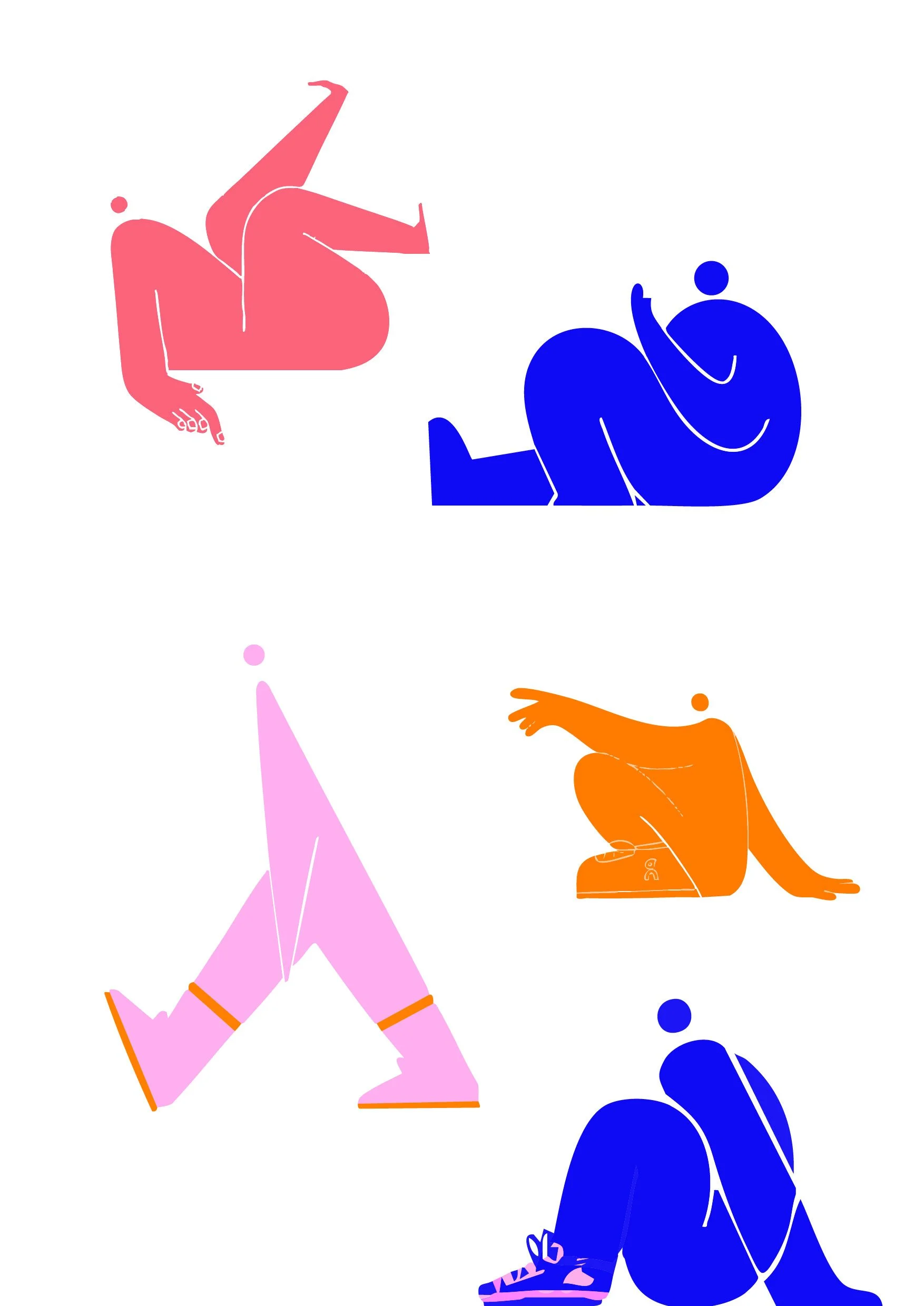 Abstrakte Illustrationen von Menschen in verschiedenen Posen, in leuchtenden Farben wie Pink, Blau und Orange, auf weißem Hintergrund.