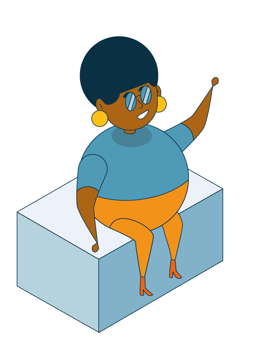 Eine Cartoon-Figur, die auf einem weißen Podest sitzt, mit dunkler Haut, kurzen dunklen Haaren, Sonnenbrille, großen gelben Ohrringen, einem blauen T-Shirt, orangefarbenem Rock oder Shorts und hohen orangefarbenen Schuhen, winkt und lächelt.