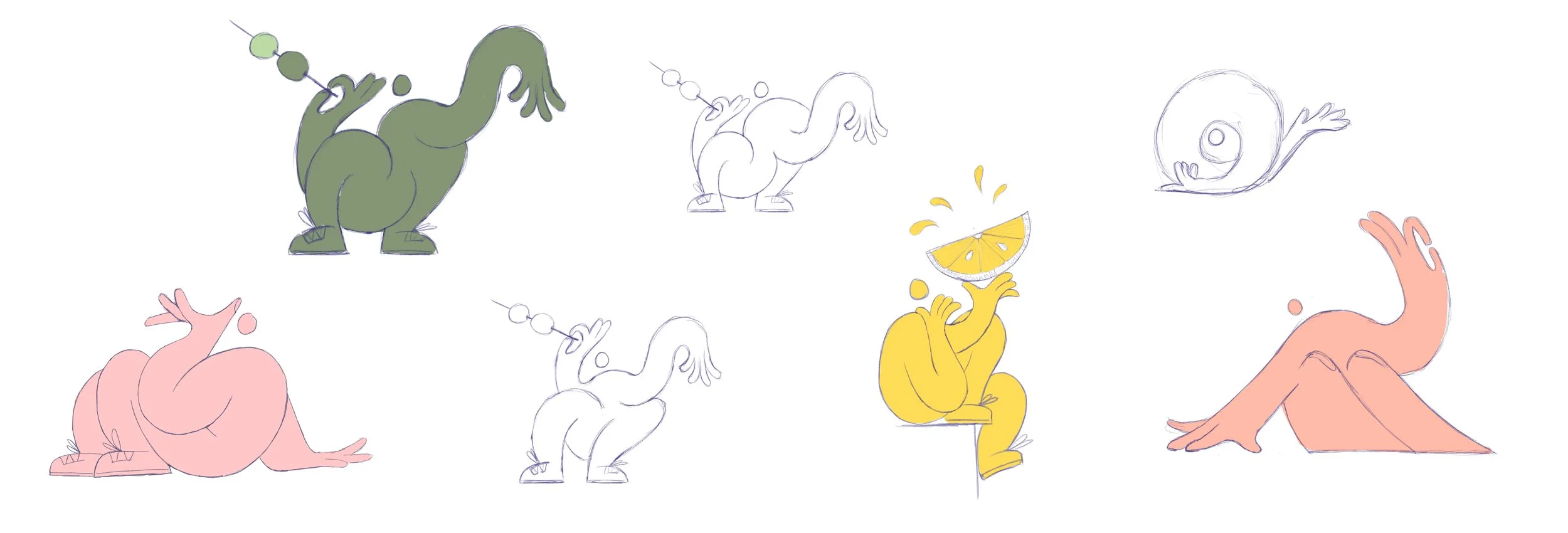 Zeichnungen verschiedener Dinosaurier in verschiedenen Farben, einige mit Orangenfrüchten auf dem Kopf, andere in einer Schlafpose oder sich rekelnd. Die Zeichnungen sind skizzenhaft und bunt.