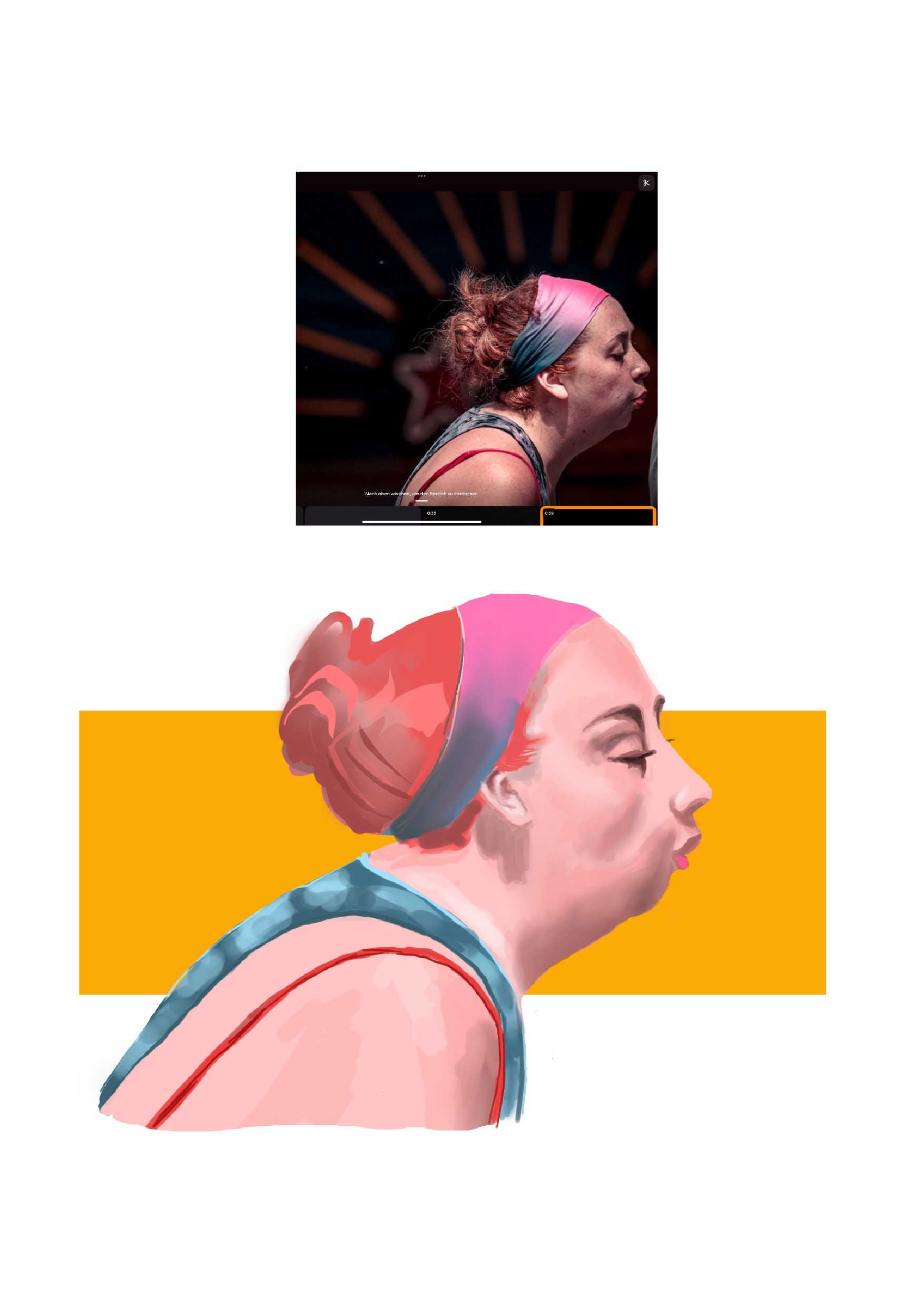 Künstlerische Illustration einer Frau mit geschlossen Augen, roten Haaren, pinken Stirnband, in einer Seitenansicht vor einem gelben Hintergrund.
