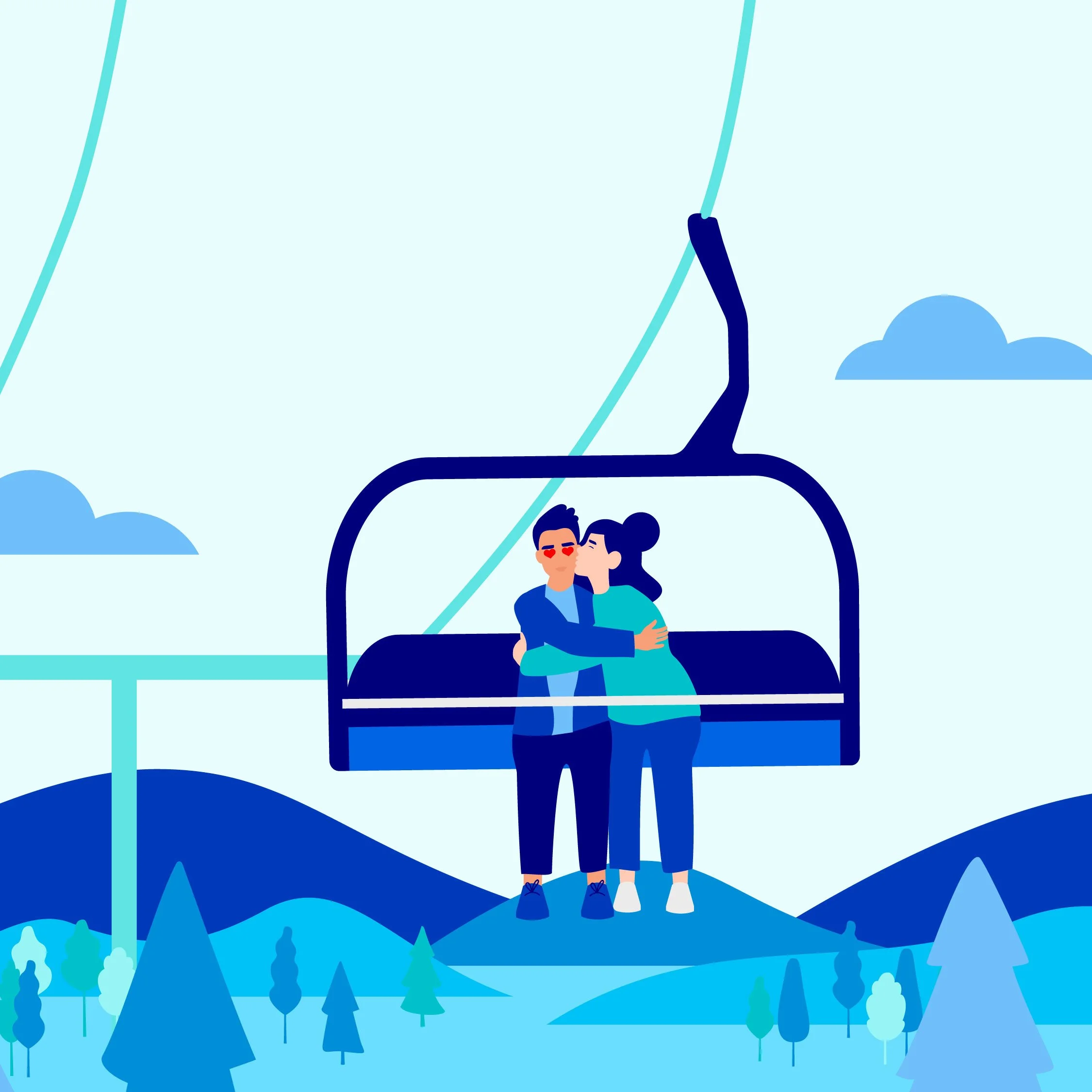 Ein Paar sitzt sich nahe auf einer Gondelbahn und küsst sich vor einer verschneiten Berglandschaft mit Tannenbäumen und Schnee im Hintergrund.
