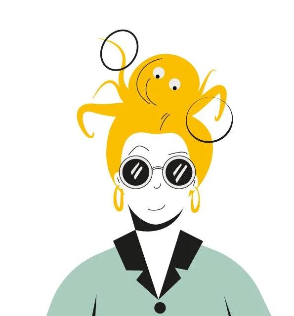 Eine stilisierte Illustration von MIra Schadt. Sie trägt eine runde Sonnenbrille, Gold Ohrringe und eine schwarz grüne Jacke. Ihr Haar ist Blond und ist als helfender Oktapus dargestellt.