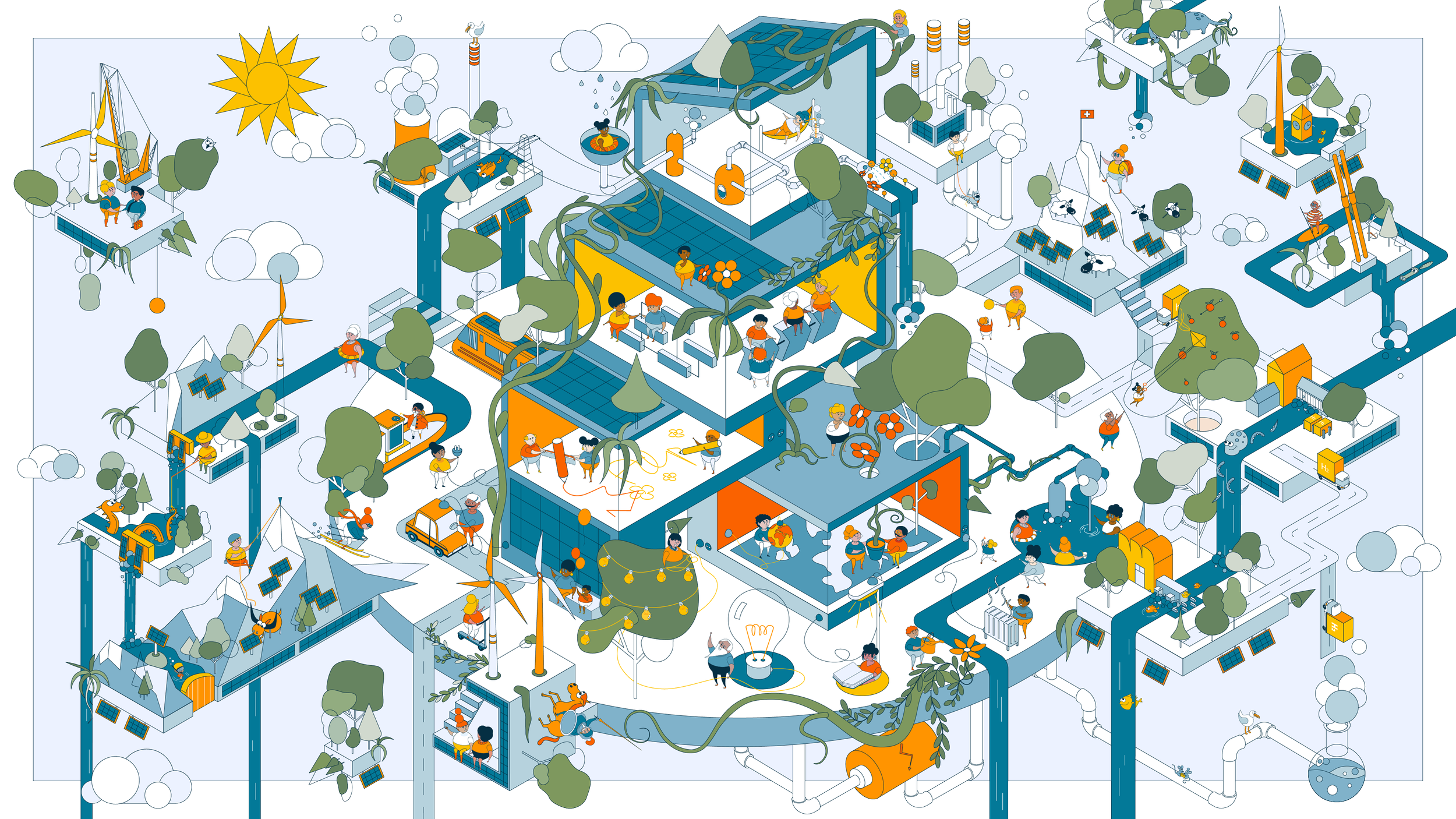 Die Strategievisualisierung von Alpiq ist in einem isometrischen Stil illustriert. Sie ist in Blautönen gehalten mit gelben und orangefarbenen Akzenten. Die Illustration zeigt die verschiedenen Liefermöglichkeiten von Strom.