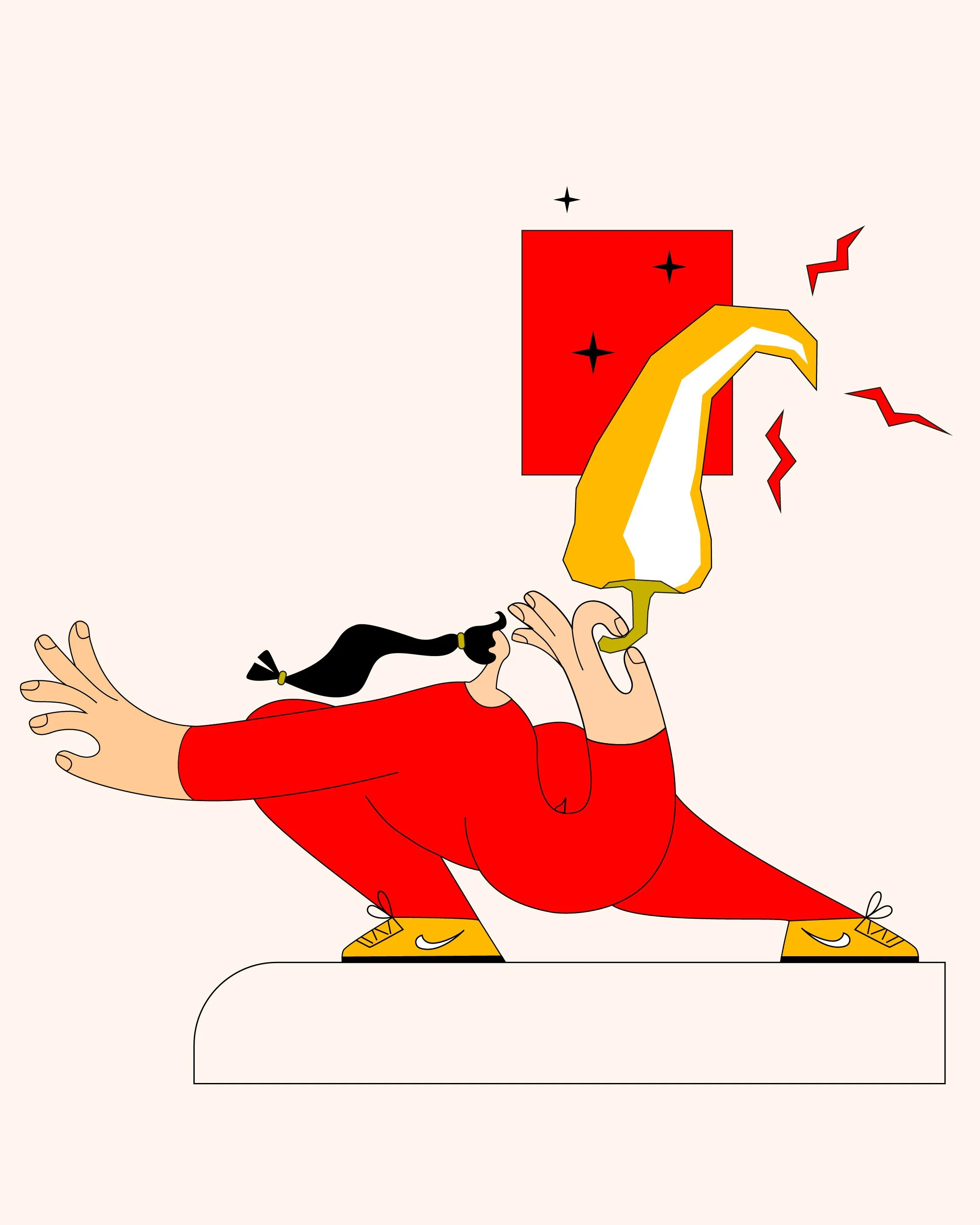 Eine cartoonartige Illustration einer Person, die in einer Hockposition ein Yoga- oder Fitness-Posen macht. Sie trägt eine rote Kleidung, gelbe Schuhe und hat schwarze Zöpfe. Sie hält eine gelbe Rose in der Hand, während um sie herum rote und schwarze Zickzack- und Stern-Symbole schweben. Die Person steht auf einem weißen Podest.