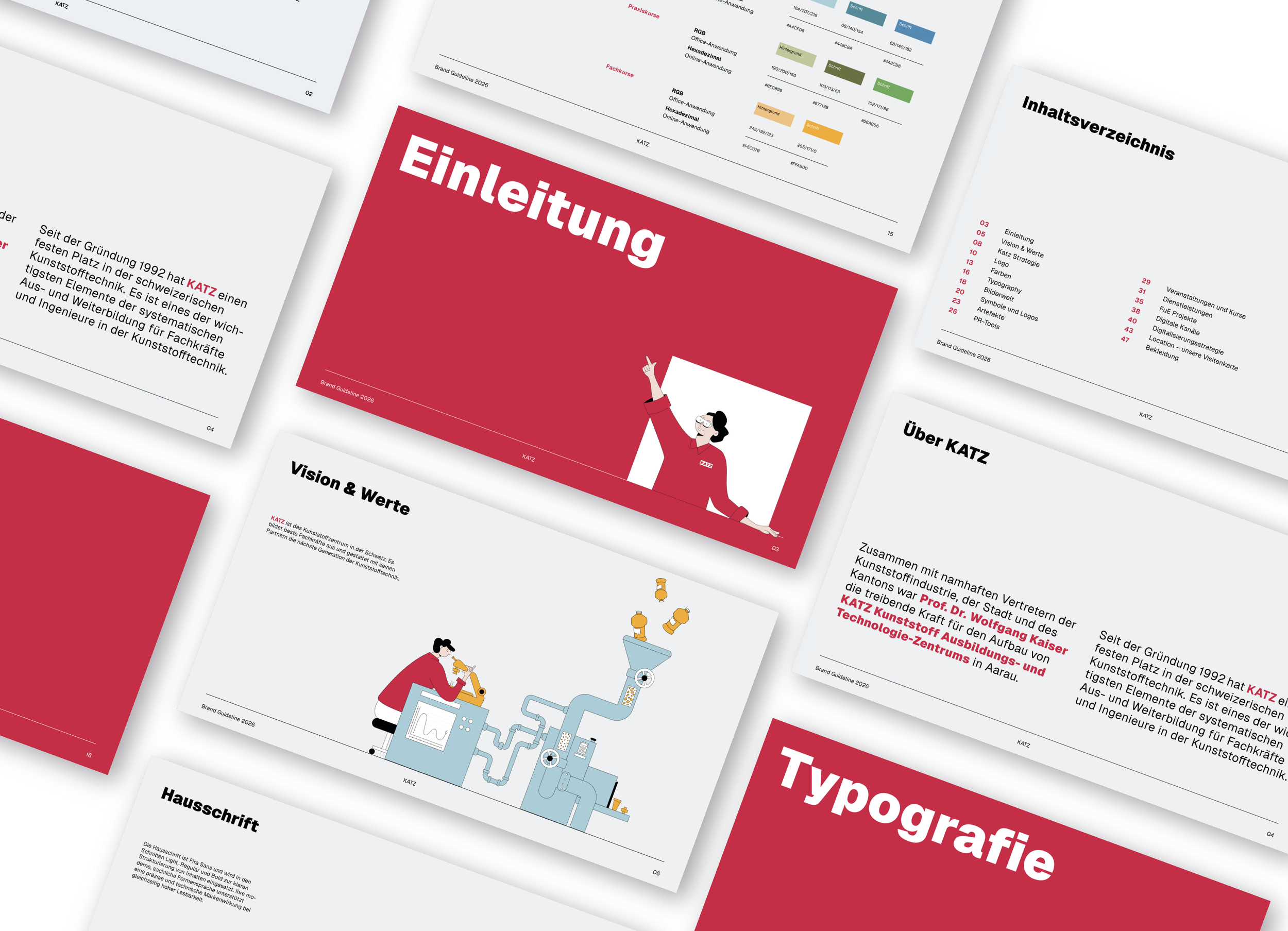 Mehrere Seiten eines Branding Styleguides von KATZ , darunter eine Einleitung mit rotem Hintergrund, einem illustrierenden Charakter, Inhaltsverzeichnis, und Seiten mit Tabellen, Diagrammen und Text in Deutsch.
