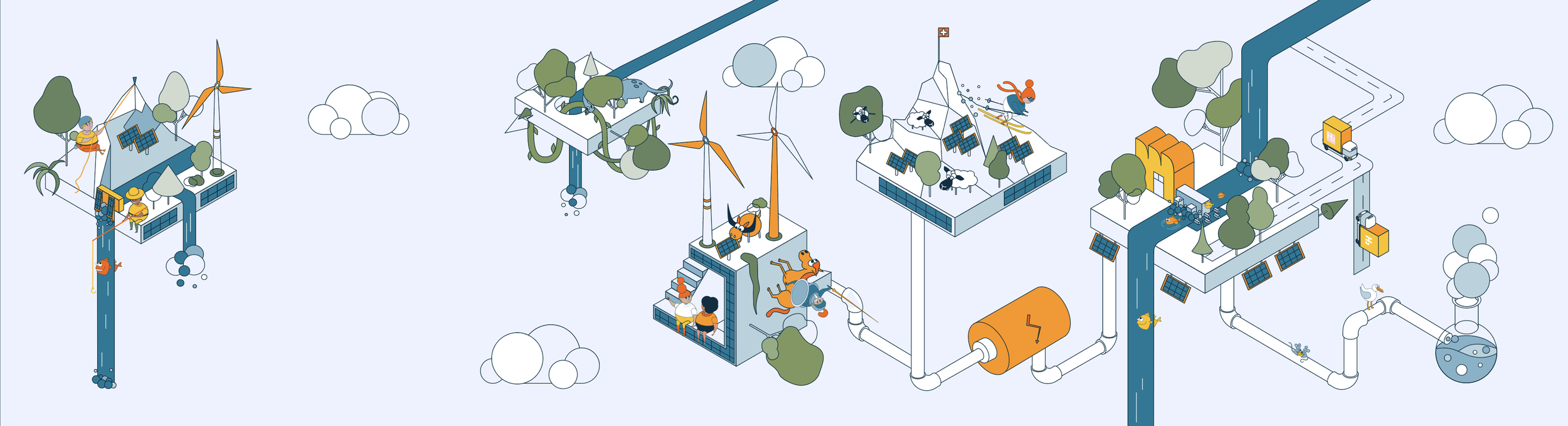 Eine Illustration eines nachhaltigen Energie- und Wasserkreislaufs mit Windturbinen, Solarpanels, Wasserspeichern, Wasserquellen, und Bewohnern, die die Umweltschutzmaßnahmen nutzen.