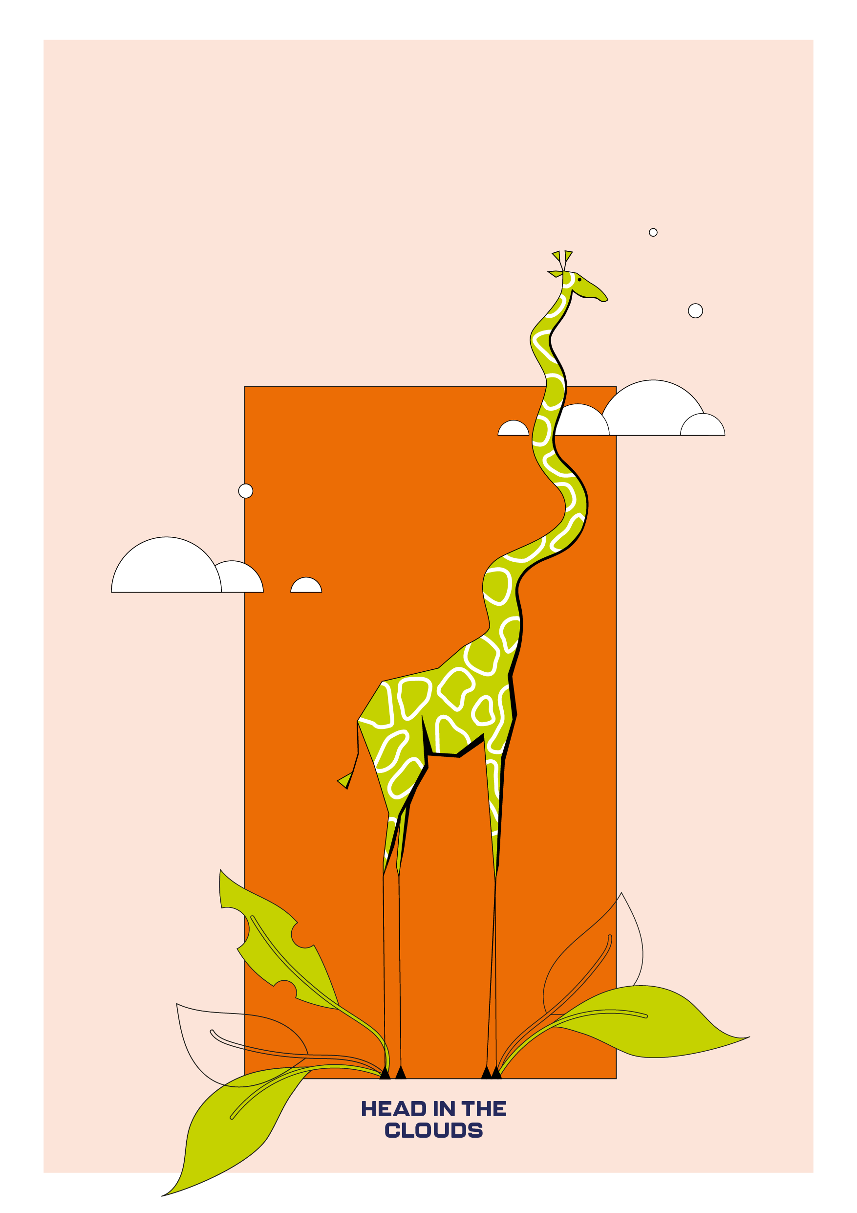 Illustration einer Giraffe, die einen gewellten Hals hat und den Kopf in den Wolke trägt. Auf einem orange Hintergrund und unten sind großen Blättern zu sehen. Unten steht der Text 'HEAD IN THE CLOUDS'.