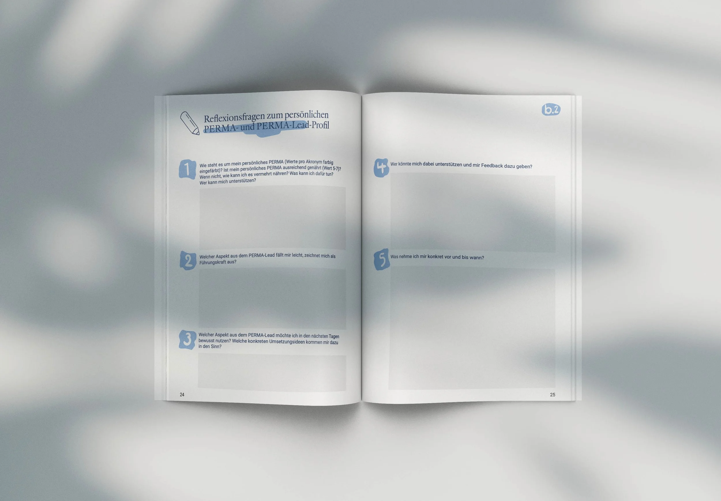 Offenes Buch mit Text auf Deutsche, Seiten 24 und 25, mit blauen Überschriften und Nummerierungen in blauen Kreisen, auf Weißem Hintergrund, im Mittelpunkt des Bildes.