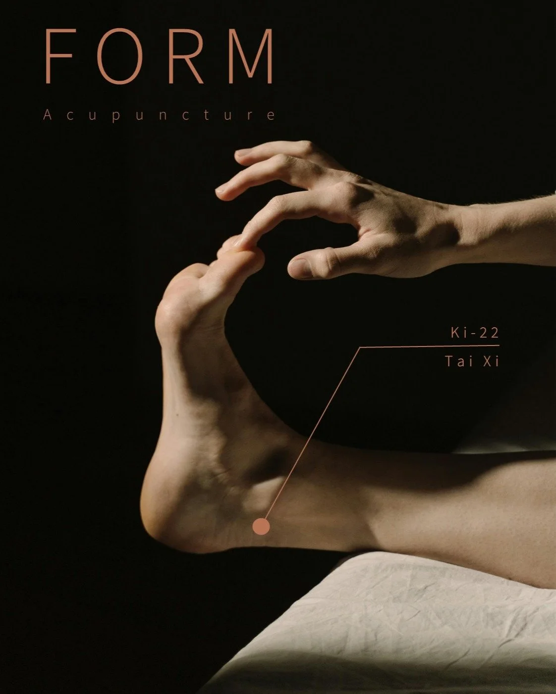 A point I seem to be needing to use a lot in the studio at the moment is 

Kidney 3 - Taixi / Supreme Stream 

Located in the centre of the depression midway between the prominence of the medial malleolus and the posterior border of the achilles tend