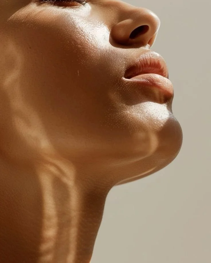 Close-up of a person's lower face, showing their nose, lips, and chin, with smooth skin and light reflecting off.