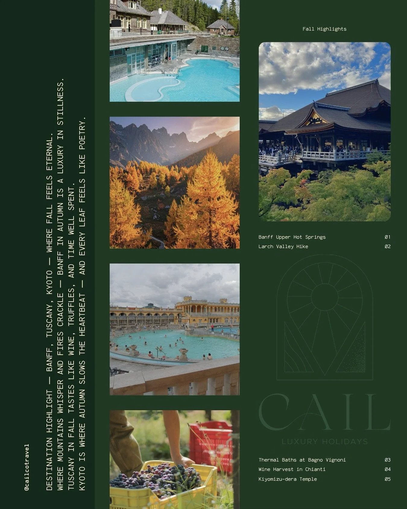 Three destinations. One golden thread.

In Banff, steam rises from alpine springs as mountains exhale the last of summer&rsquo;s warmth. In Tuscany, vineyards blush with harvest and time tastes like truffles and wine. And in Kyoto, temples stand stil