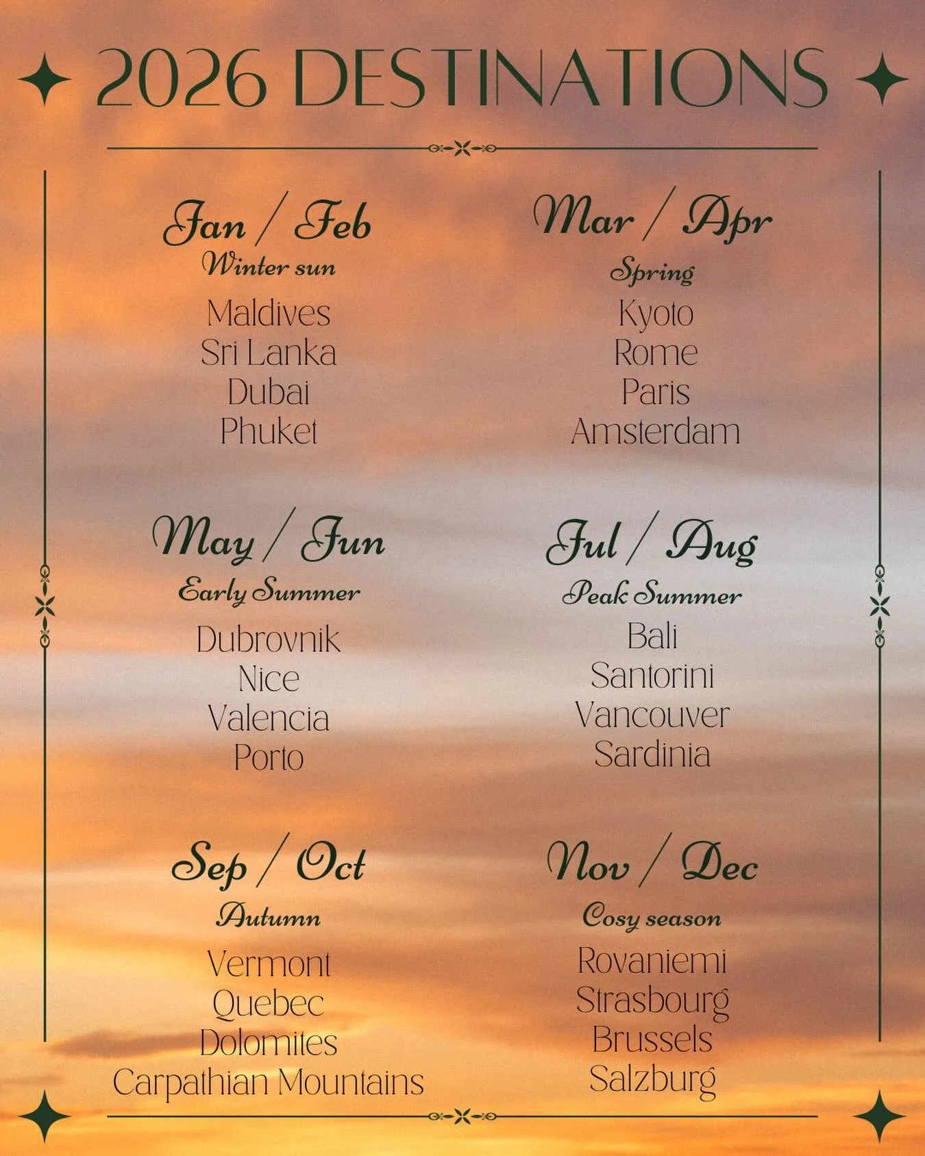 Your 2026 travel calendar🗓️
From winter sun in the Maldives to cosy Christmas markets in Salzburg &mdash; these are the best places to go, month by month.
Where will Caile Co take you first? 🌍