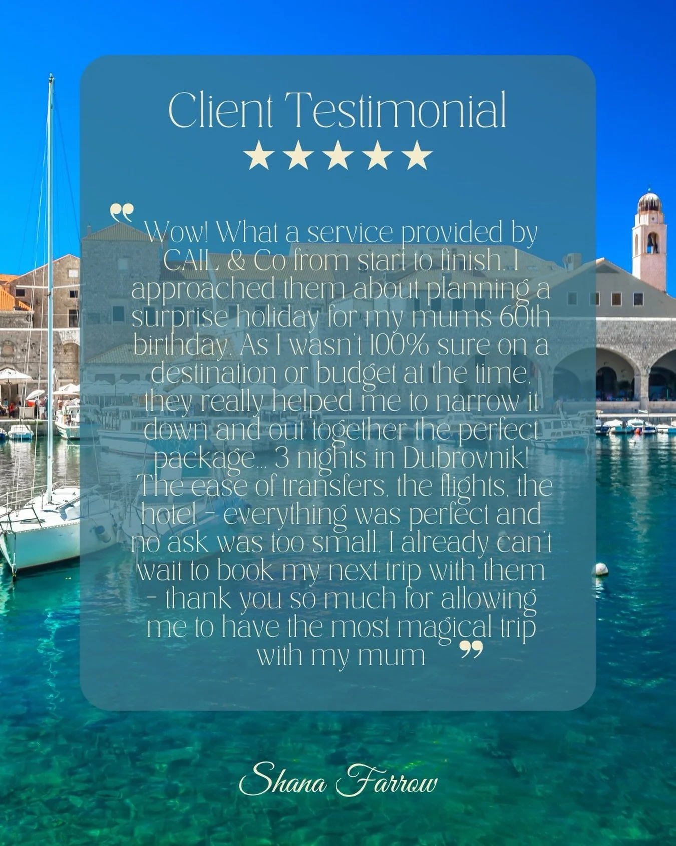 ✨Tailored Travel, Told Best by Our Customers ✨

So happy we could help Shana create a special surprise trip to Dubrovnik for her mum&rsquo;s 60th 💛🇭🇷

From start to finish, it was all about making things easy, personal, and memorable for them ✨

M