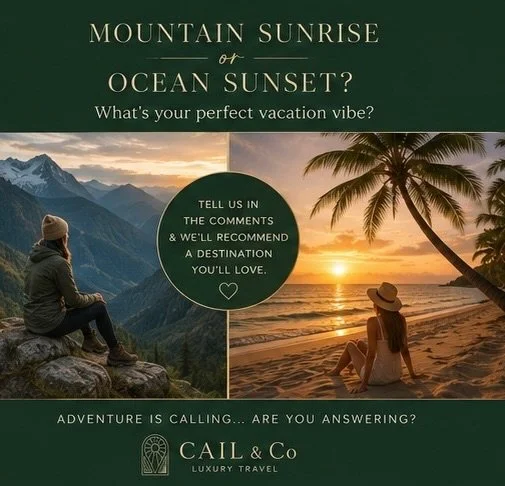 Some people chase mountain sunrises.
Others live for ocean sunsets. ✨

At CAIL &amp; Co Luxury Travel, we create journeys that match your perfect travel vibe.

Comment below:
🏔️ Mountain
or
🌊 Ocean

&hellip;and we&rsquo;ll reply with a luxury desti