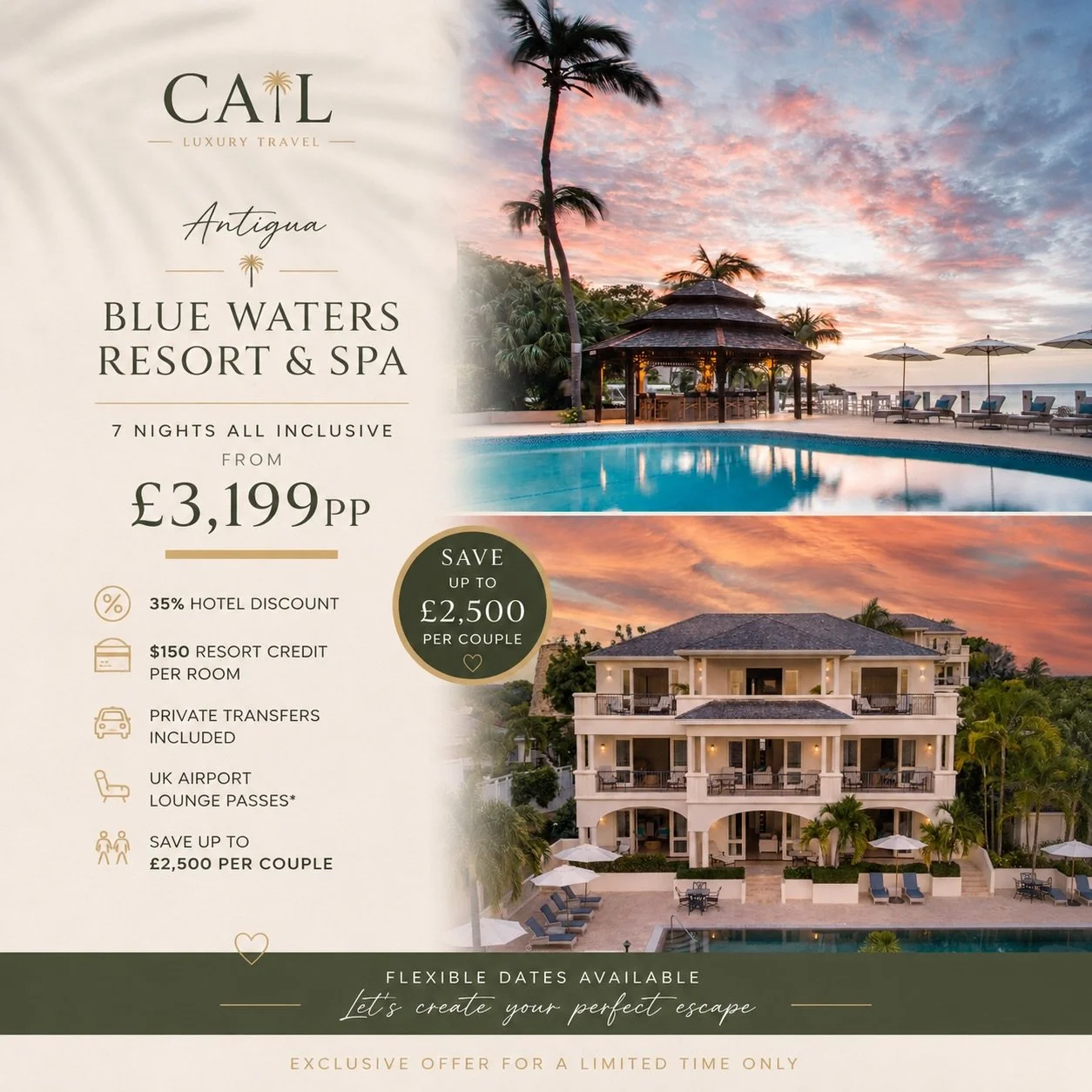🌴 ANTIGUA LUXURY ESCAPE 🌴

✨ SAVE UP TO &pound;2,500 PER COUPLE ✨

Dreaming of turquoise waters, white-sand beaches and Caribbean luxury?

This exclusive offer at Blue Waters Resort &amp; Spa is available with flexible travel dates and includes an 