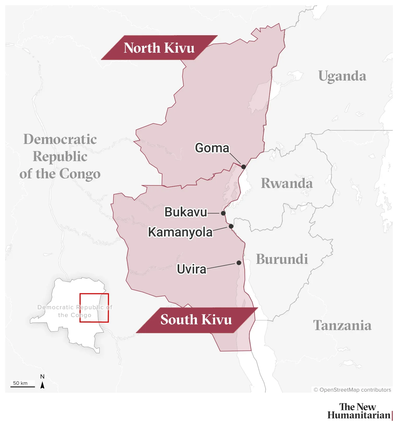 Zoomed in map of North Kivu and South Kivu