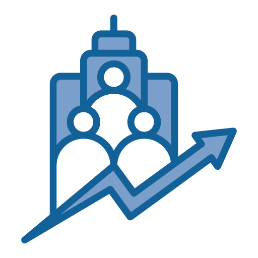 Icon representing business growth with a building, three people, and an upward trending arrow.