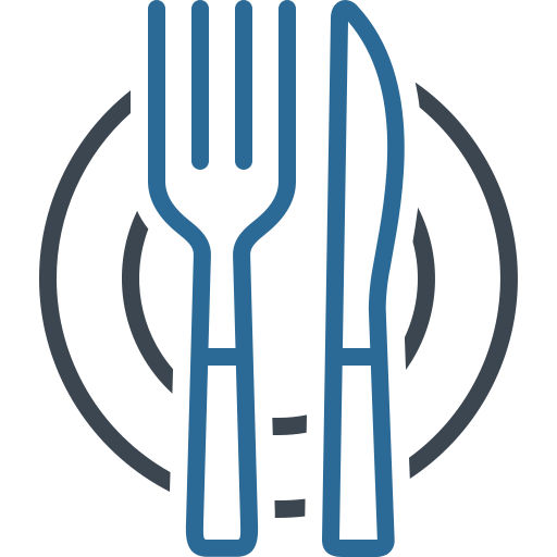 A logo with a fork and knife over a plate, symbolizing dining or food service.
