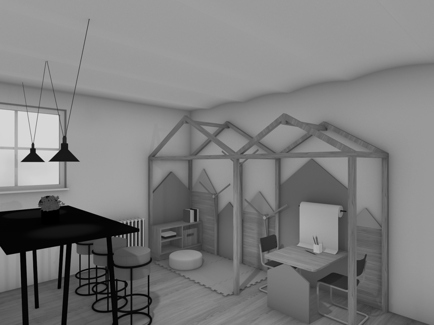 Ein Kinderzimmer mit einem Hausbett, einem Schreibtisch und Stühlen, eine Stehlampe, und eine Fenster.