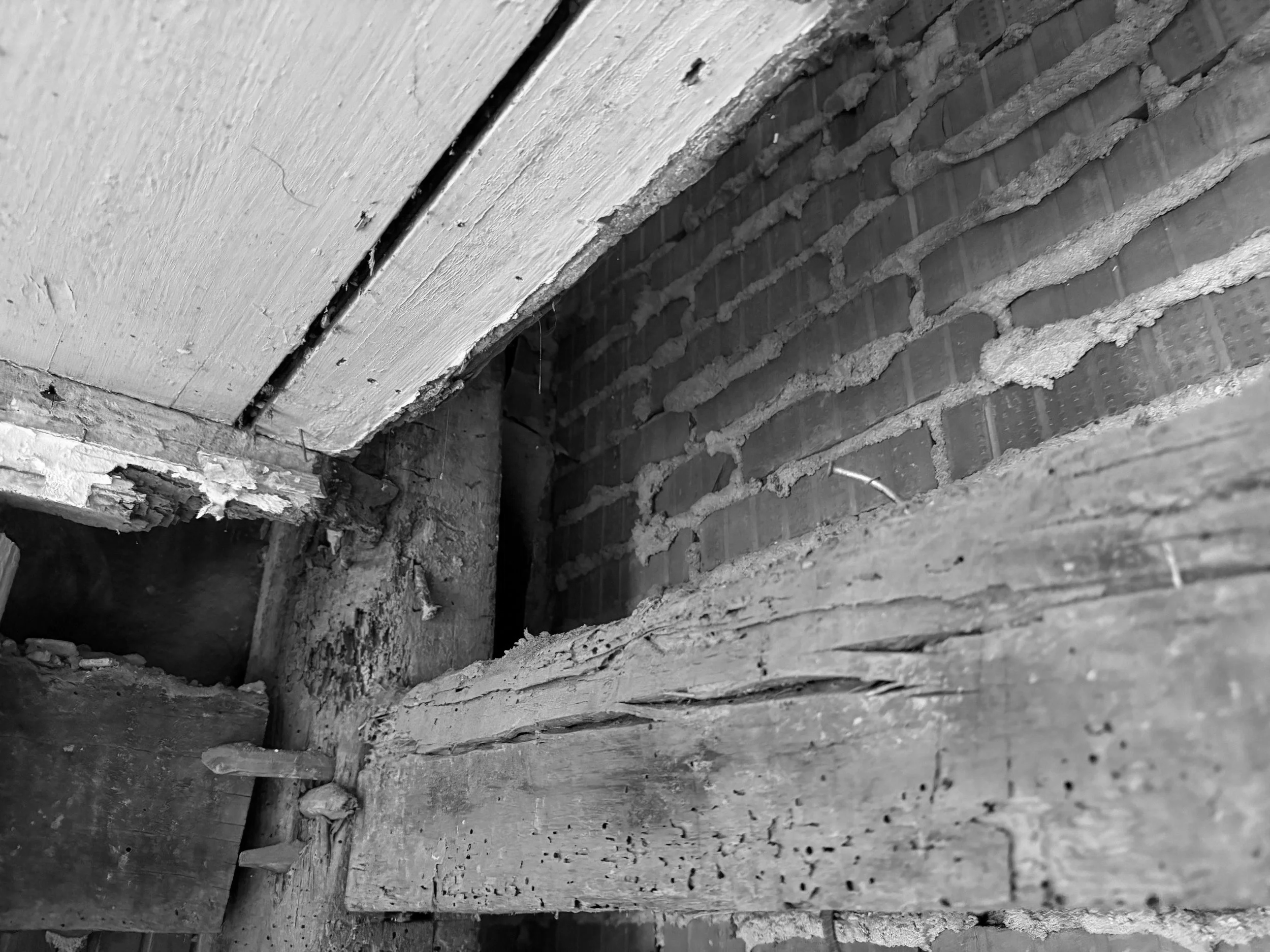 Schwarz-weiß-Foto eines Baumwerks mit Holz und Ziegelmauer