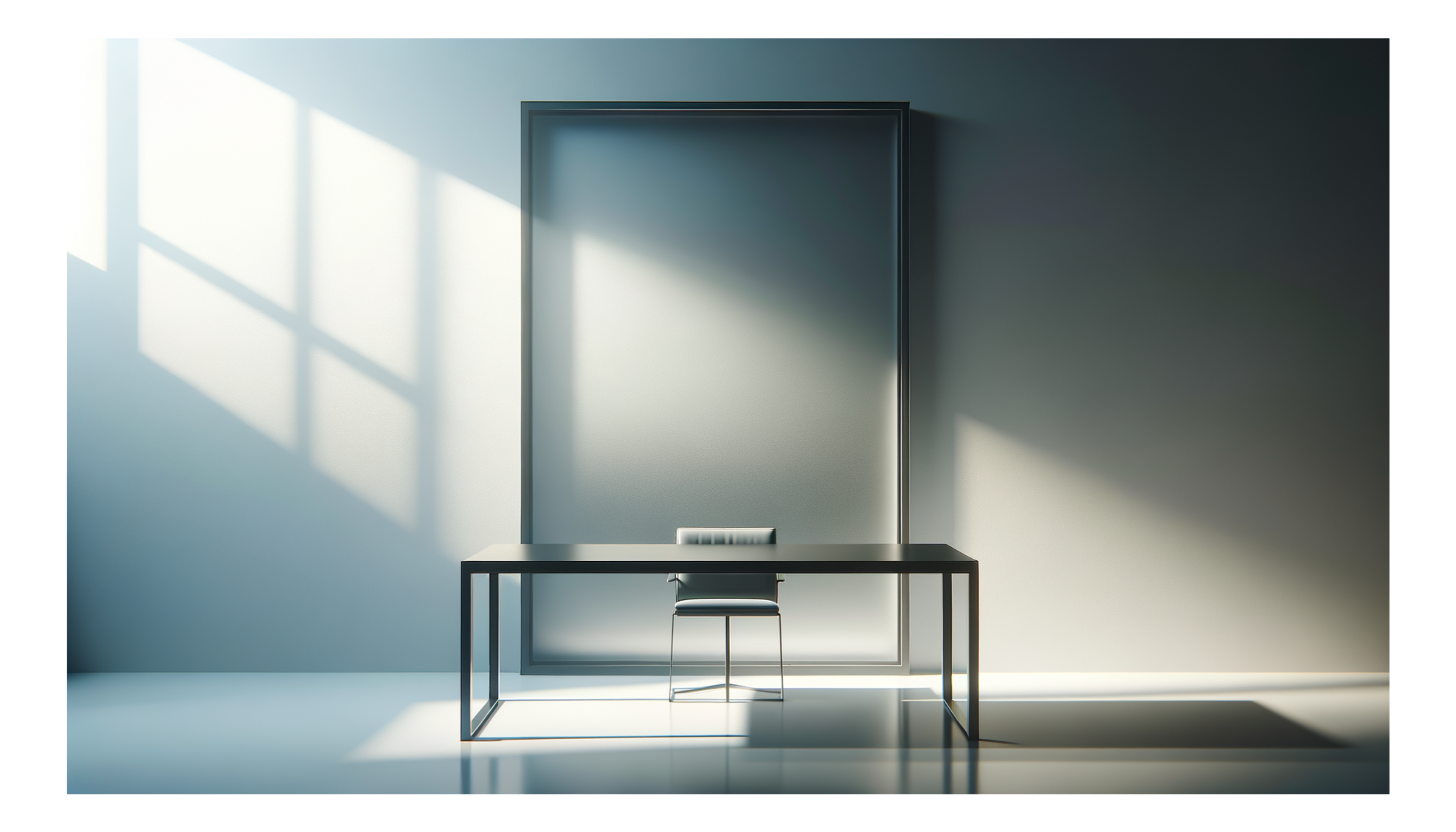 A minimalistic room with soft natural sunlight casting shadows on a light-colored wall. A simple black table is centered in front of a large blank picture frame that leans against the wall, with a single chair placed in front of the table.