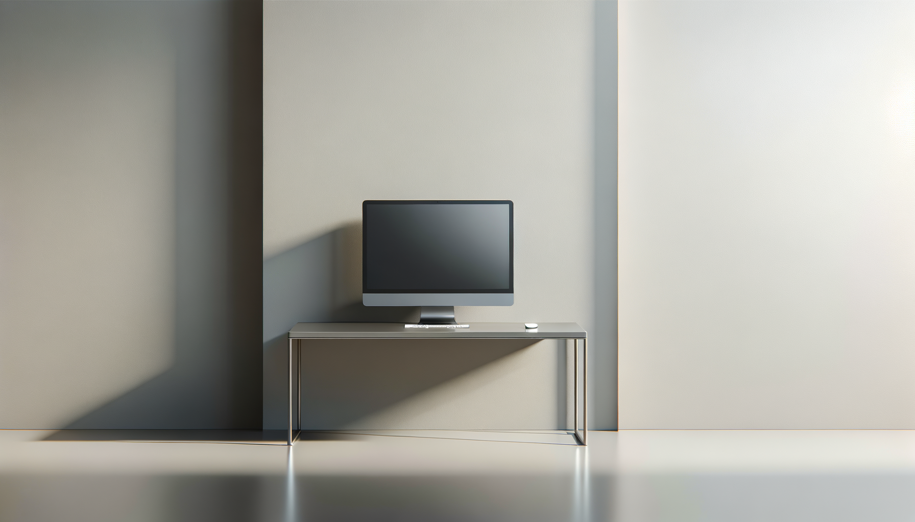 A minimalist room with a desktop computer on a slim metal table against a light-colored wall, casting a shadow.