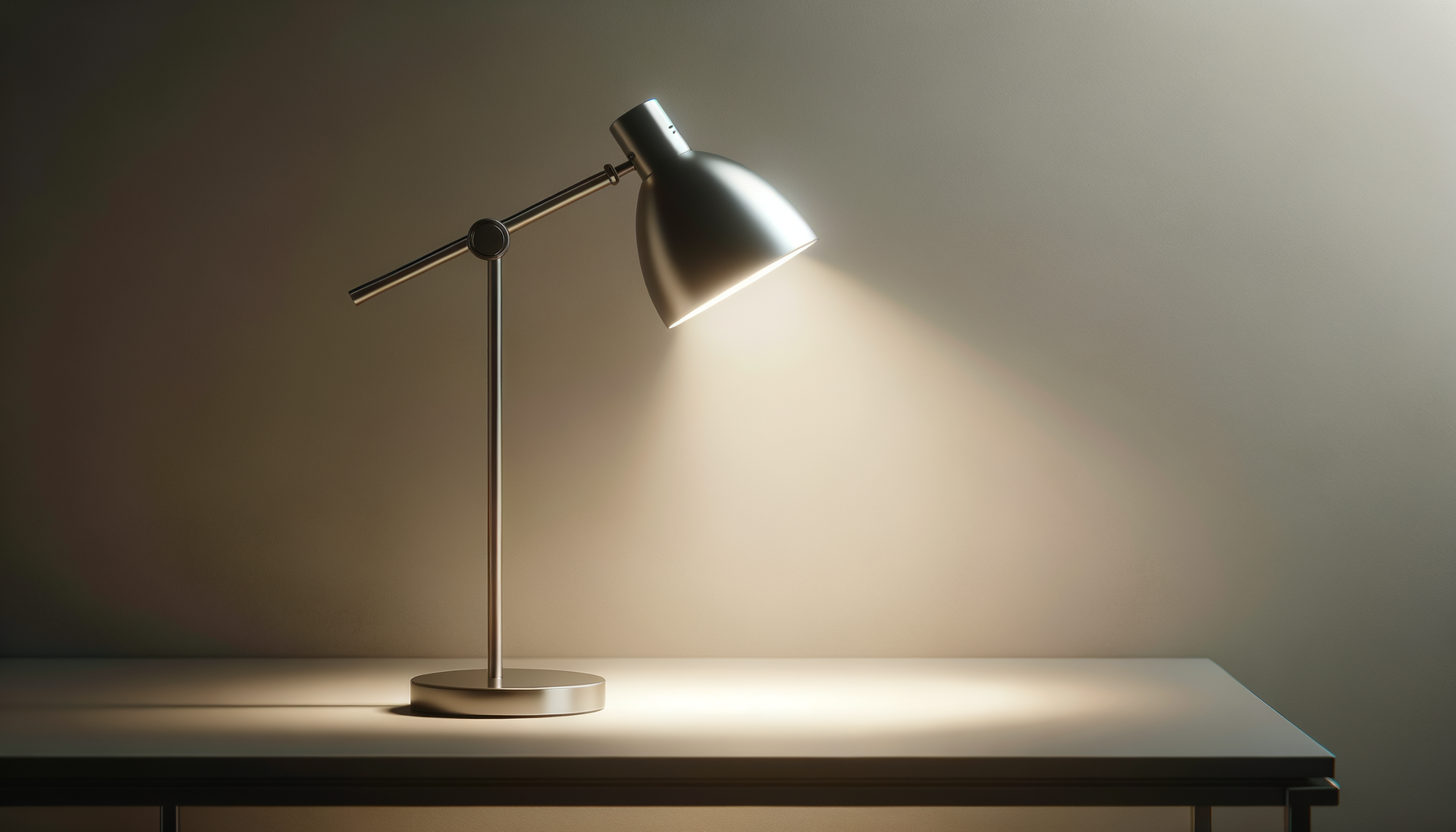A modern silver desk lamp turned on, illuminating a white surface against a plain wall.