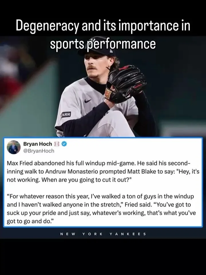 Degeneracy and how it unlocks consistent performance.

Mid-game, Max Fried abandoned his full windup. It wasn&rsquo;t working, he was walking guys. He switched to the stretch and went 8 innings of no run ball.

That&rsquo;s degeneracy. The ability of