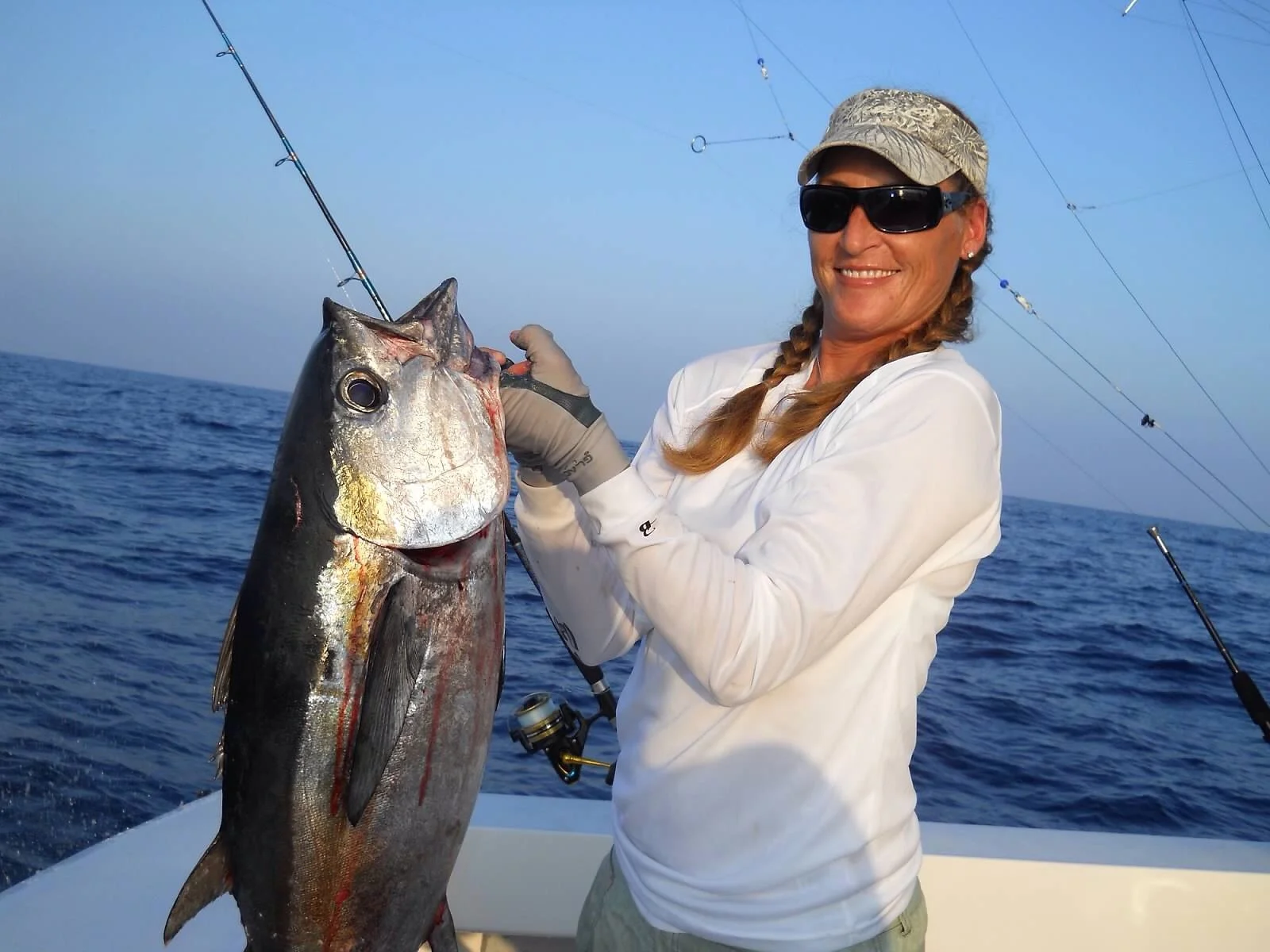 Capt. Jen Copeland holds a 30-plus-pound blackfin tuna caught off the Florida Keys in the springtime.