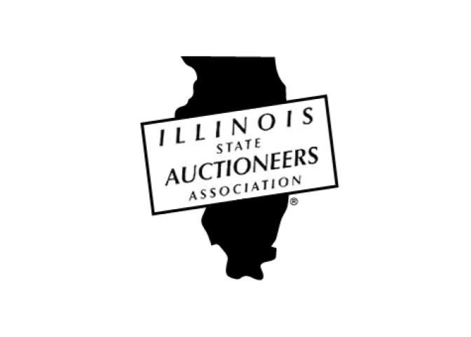Logo of Illinois State Auctioneers Association over a black silhouette of Illinois.