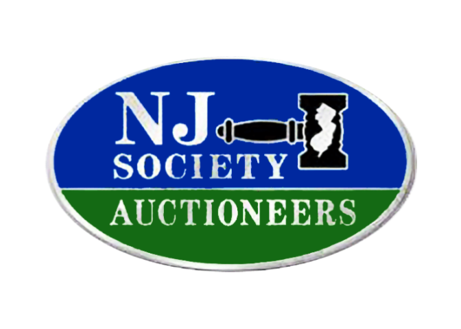 Oval logo for NJ Society Auctioneers with blue, green, and white colors, featuring a gavel and an auction hammer.