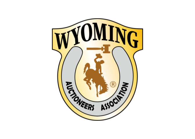 Wyoming Auctioneers Association logo featuring a cowboy riding a bucking horse and a gavel.
