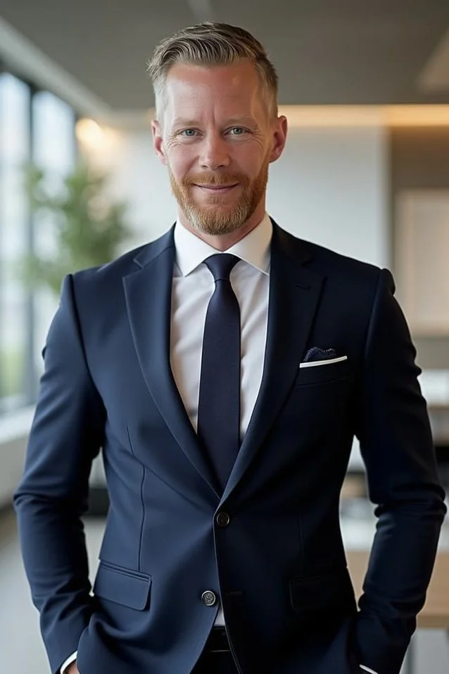 Ein Mann in einem dunklen Anzug und Krawatte, der in einem modernen Büro steht und in die Kamera lächelt.
