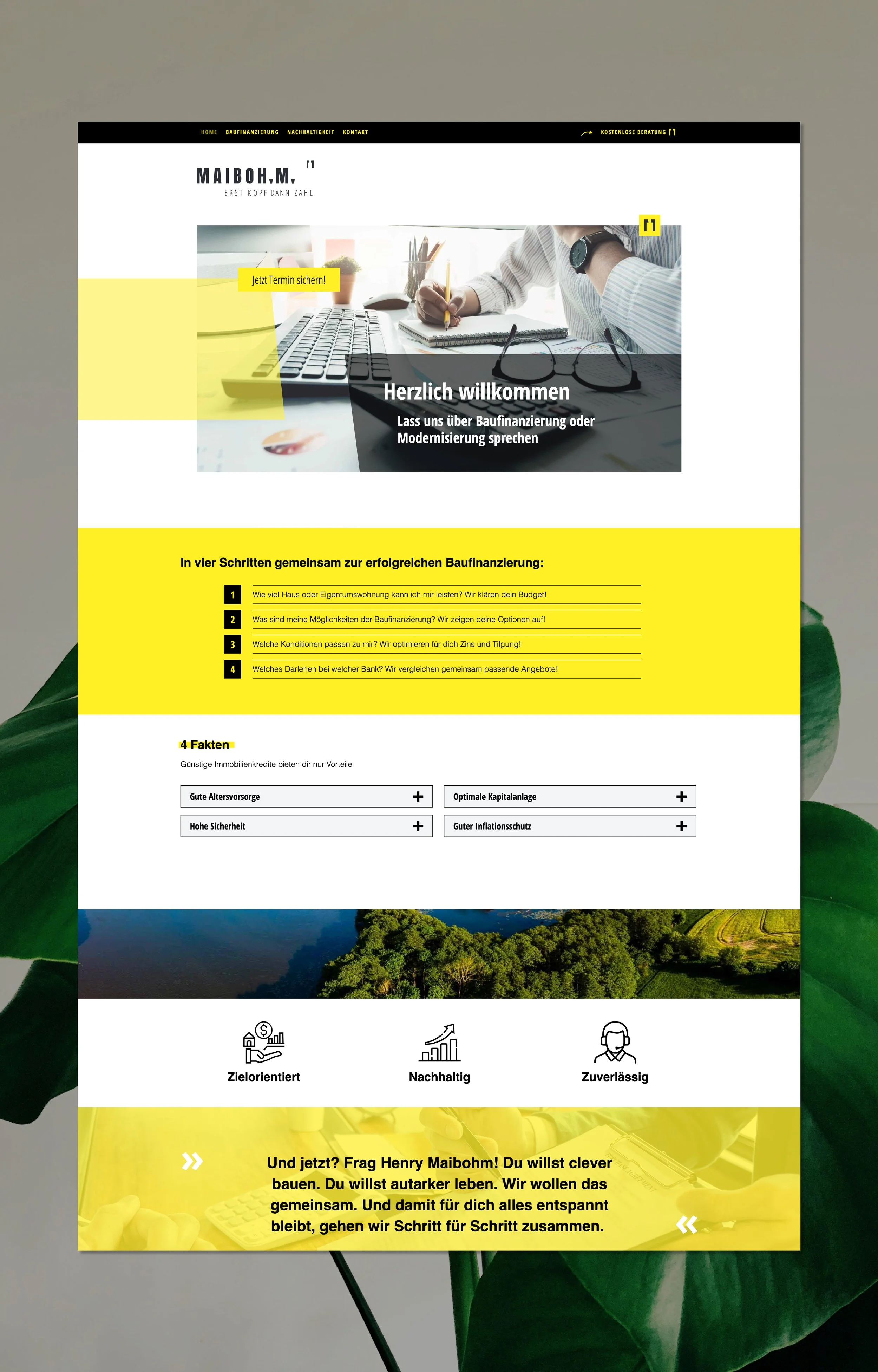 Startseite einer Website zum Thema Baufinanzierung und Modernisierung, mit Navigation, Begrüßung, Schritt-für-Schritt-Anleitung, Fakten, Zielorientierung, Nachhaltigkeit und Zuverlässigkeit, Textcontainer mit Begrüßung auf Deutsch.