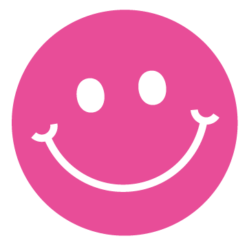 Ein rosa Smiley-Gesicht mit einem lachenden Ausdruck.